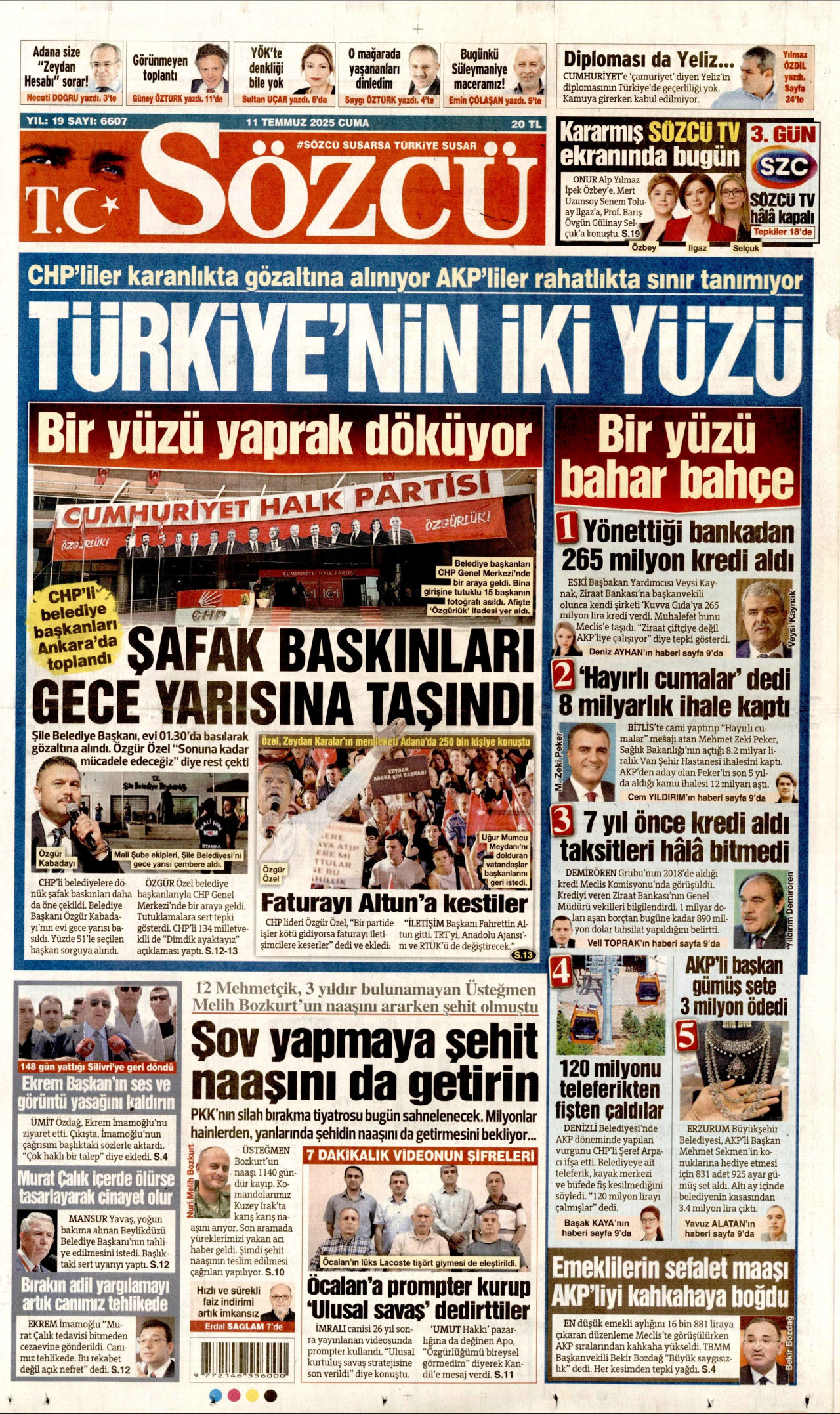 SÖZCÜ gazetesinin 11 Temmuz 2025 tarihli birinci sayfası