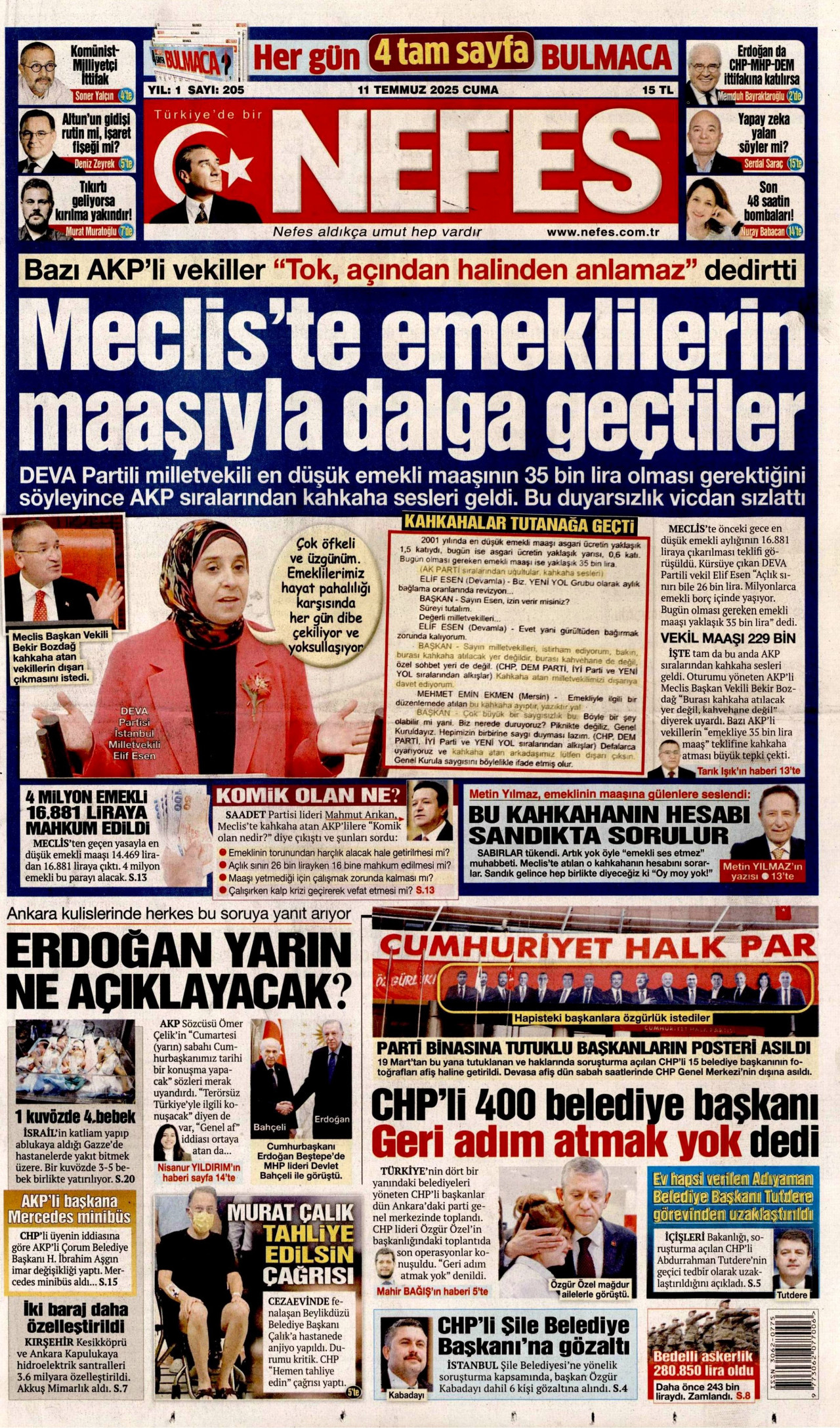 NEFES gazetesinin 11 Temmuz 2025 tarihli birinci sayfası