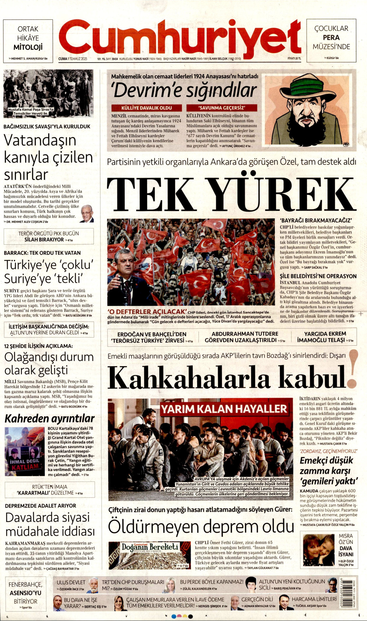 CUMHURİYET gazetesinin 11 Temmuz 2025 tarihli birinci sayfası