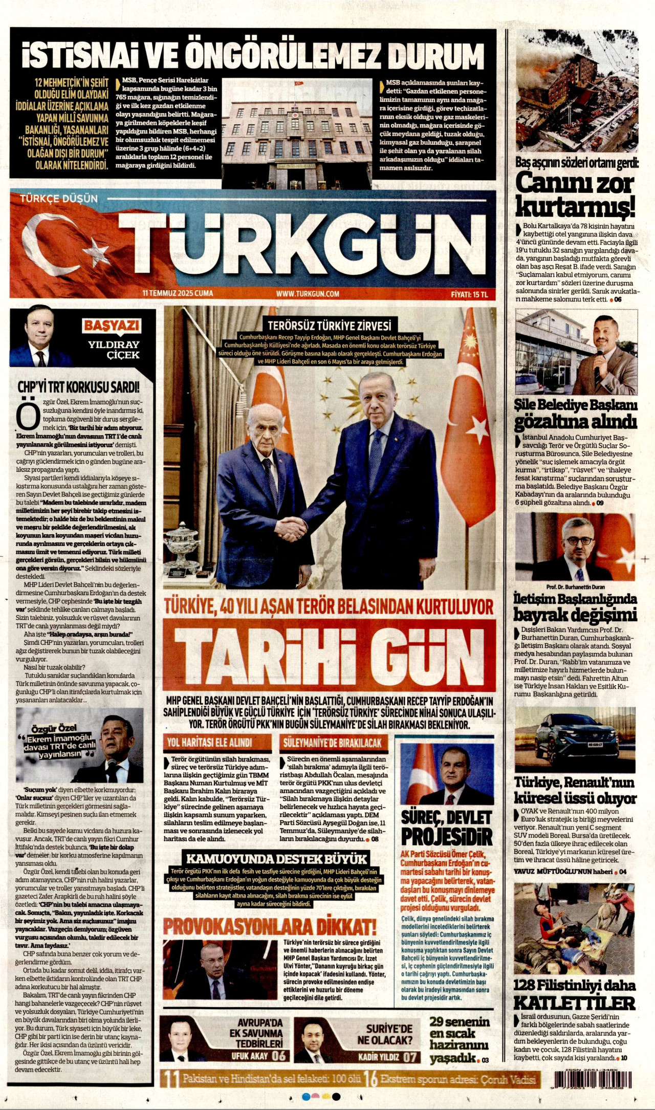 TÜRKGÜN gazetesinin 11 Temmuz 2025 tarihli birinci sayfası