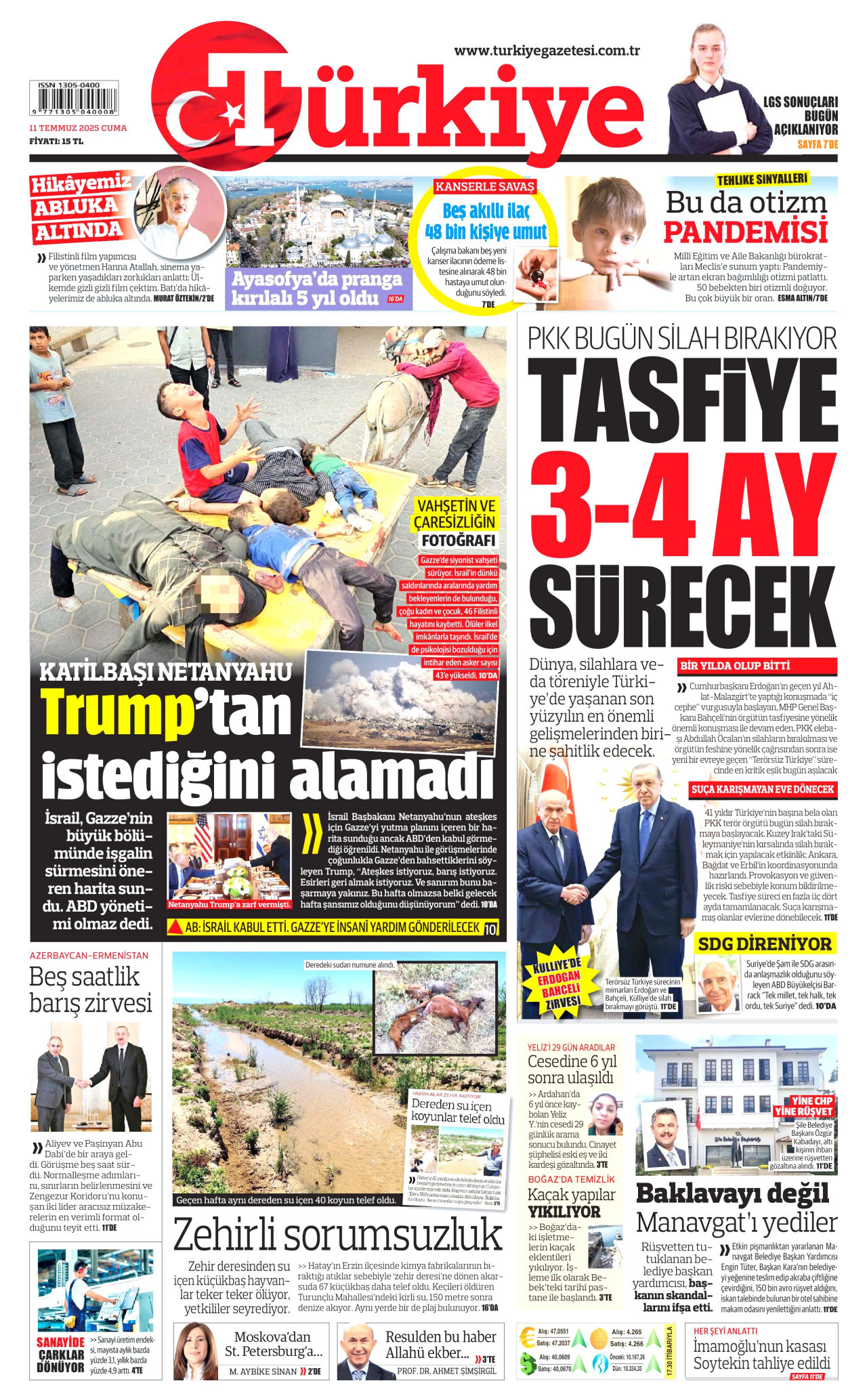 TÜRKİYE GAZETESİ gazetesinin 11 Temmuz 2025 tarihli birinci sayfası