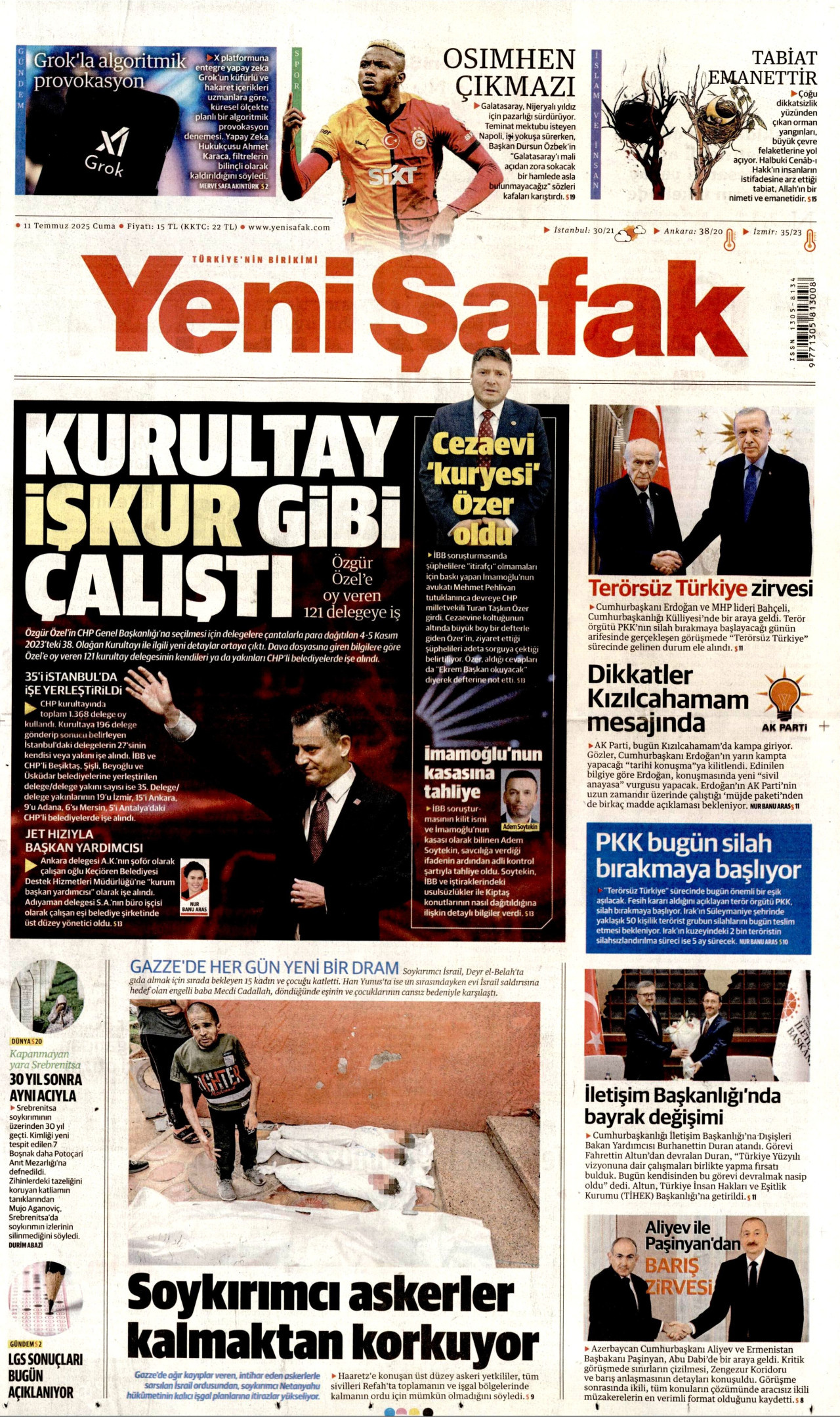 YENİ ŞAFAK gazetesinin 11 Temmuz 2025 tarihli birinci sayfası
