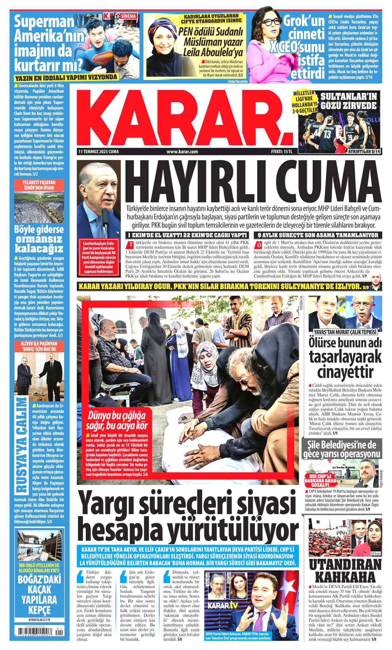 KARAR gazetesinin 11 Temmuz 2025 tarihli birinci sayfası