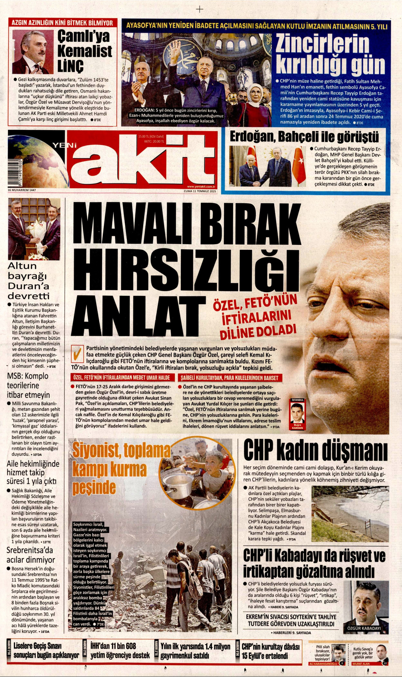YENİ AKİT gazetesinin 11 Temmuz 2025 tarihli birinci sayfası