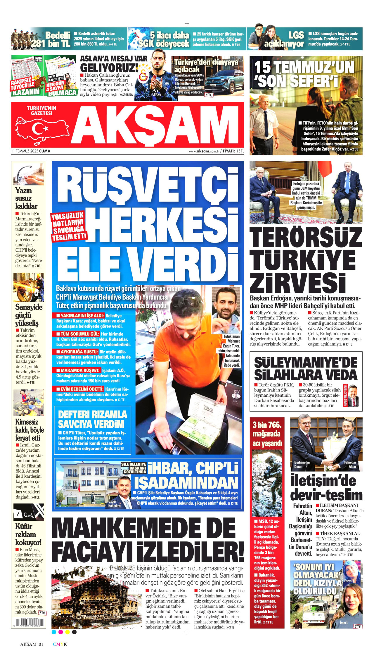 AKŞAM gazetesinin 11 Temmuz 2025 tarihli birinci sayfası