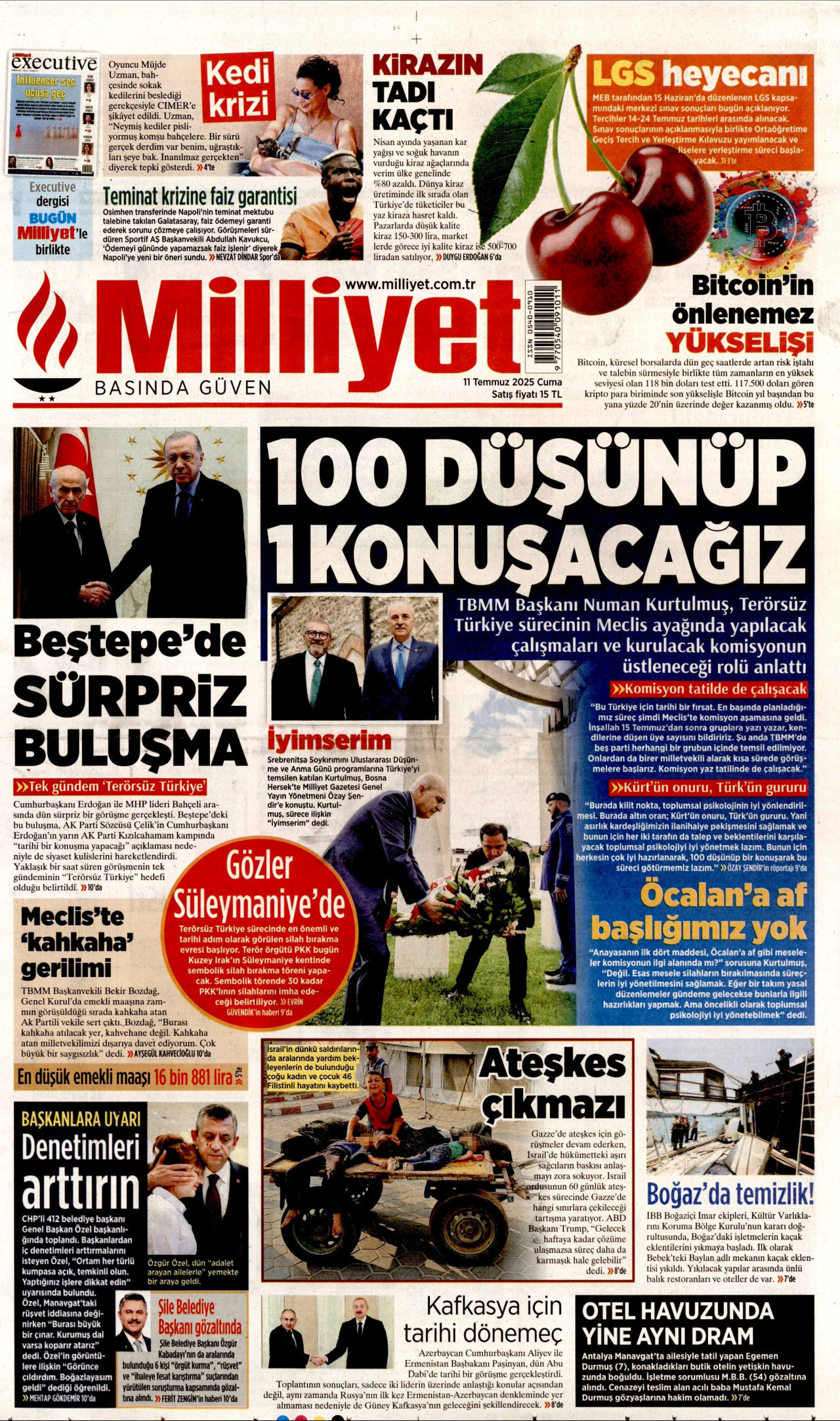 MİLLİYET gazetesinin 11 Temmuz 2025 tarihli birinci sayfası