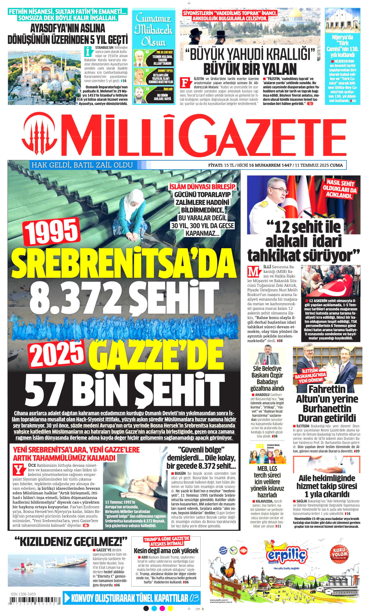 MİLLİ GAZETE gazetesinin 11 Temmuz 2025 tarihli birinci sayfası