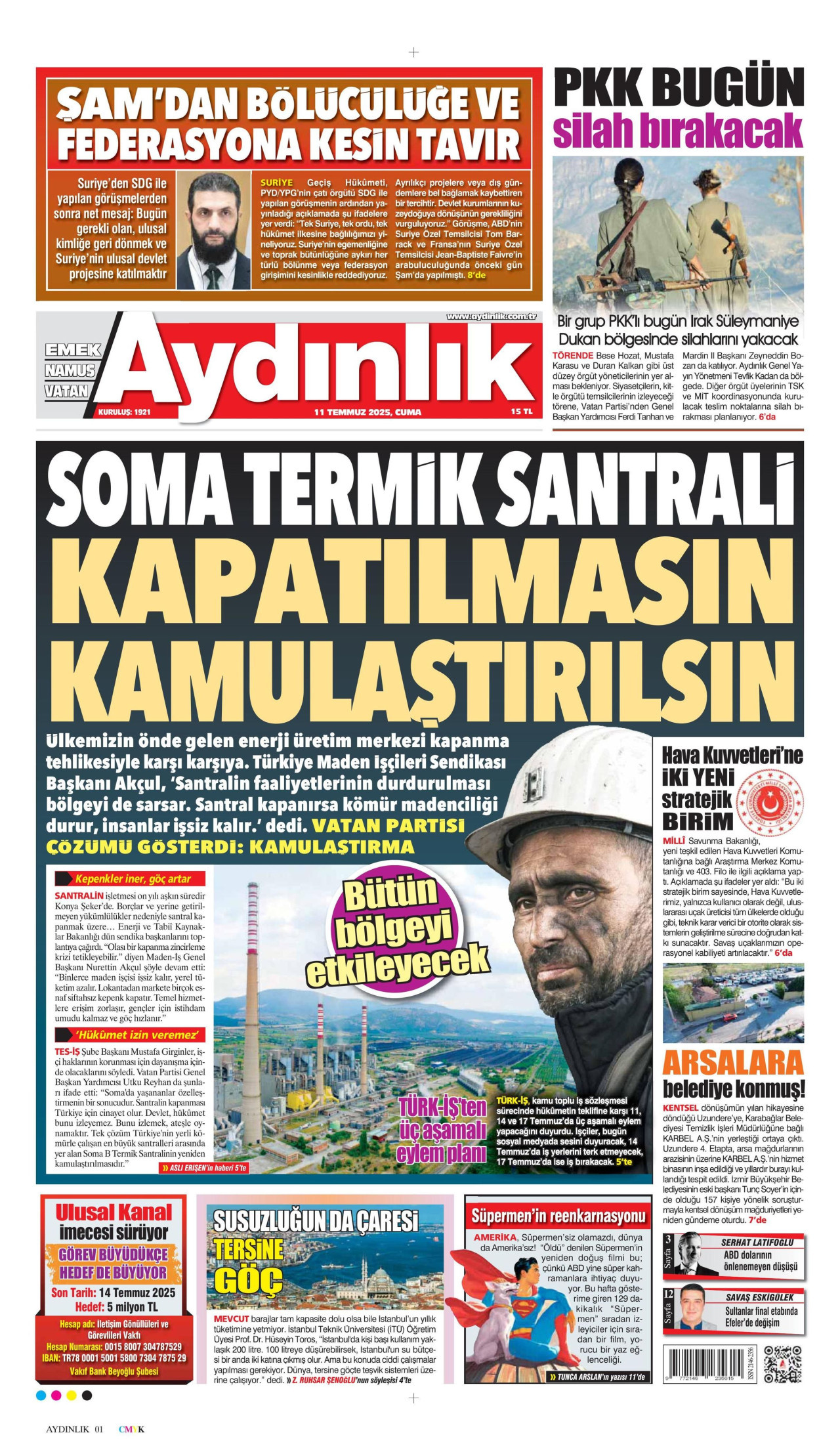 AYDINLIK GAZETESİ gazetesinin 11 Temmuz 2025 tarihli birinci sayfası