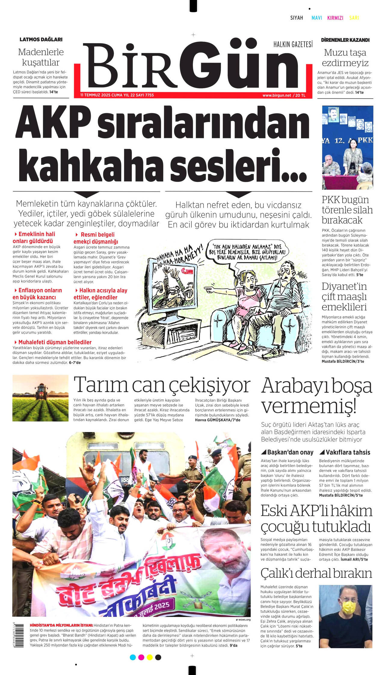 BİRGÜN gazetesinin 11 Temmuz 2025 tarihli birinci sayfası