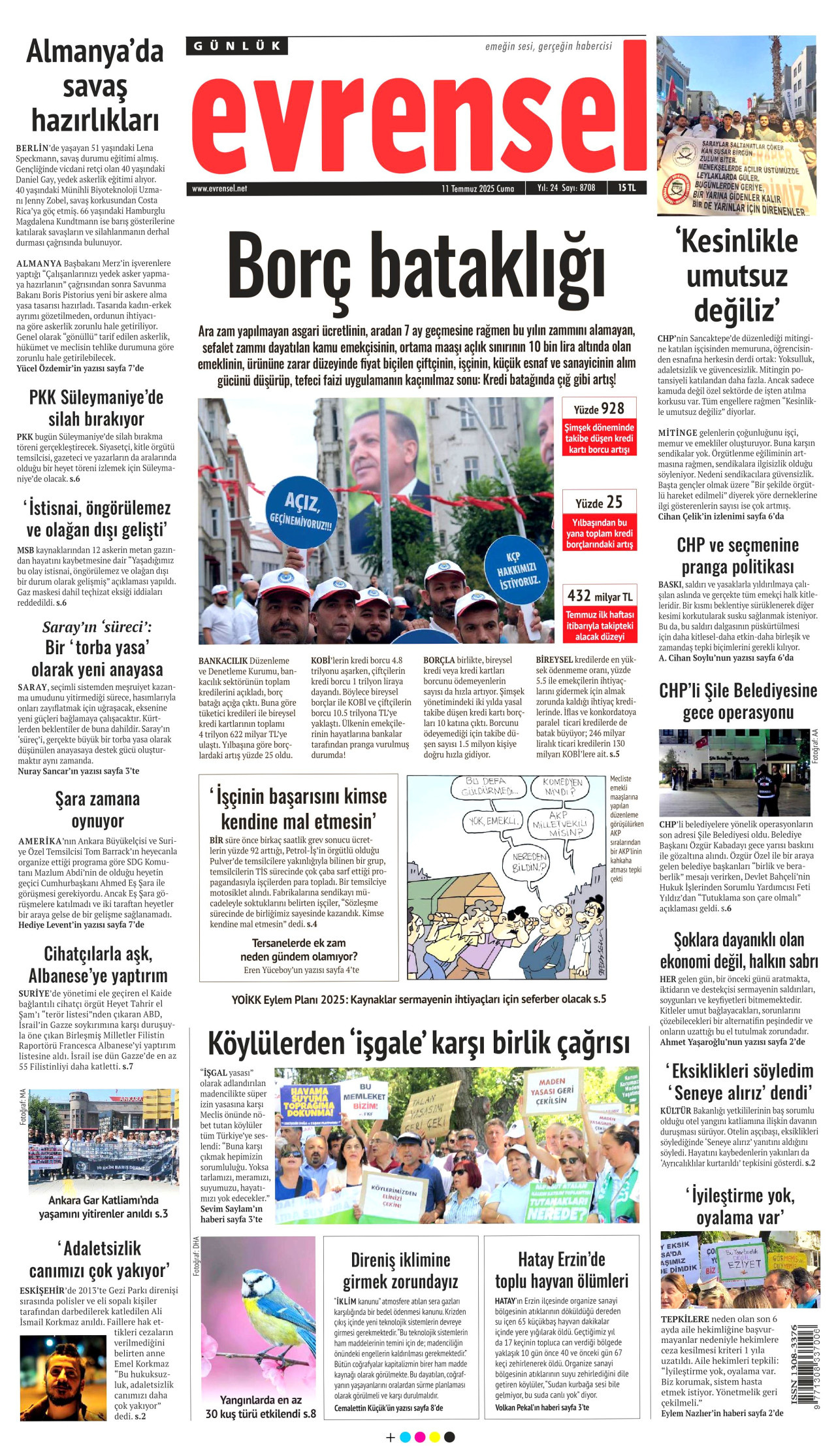 EVRENSEL gazetesinin 11 Temmuz 2025 tarihli birinci sayfası