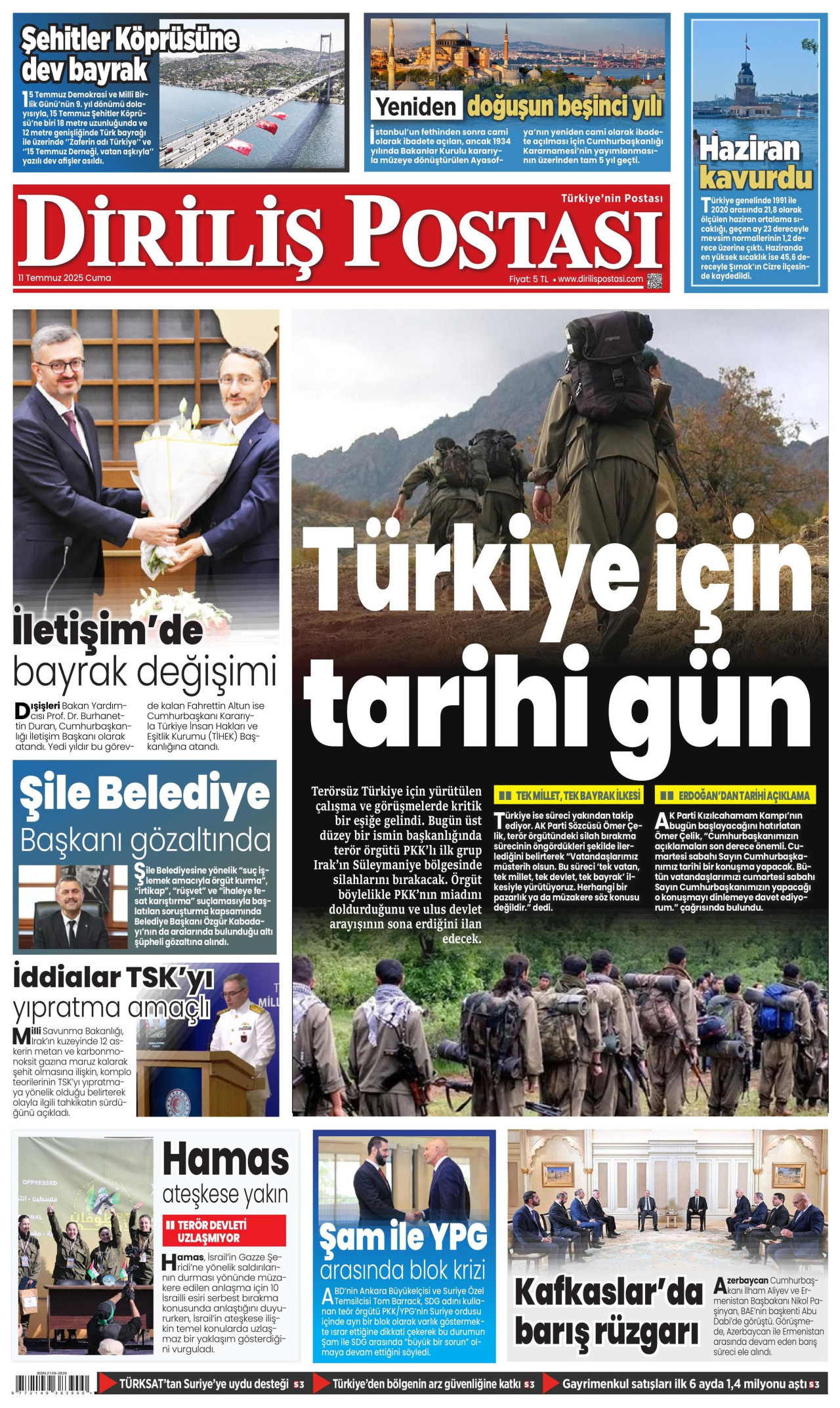 DİRİLİŞ POSTASI gazetesinin 11 Temmuz 2025 tarihli birinci sayfası