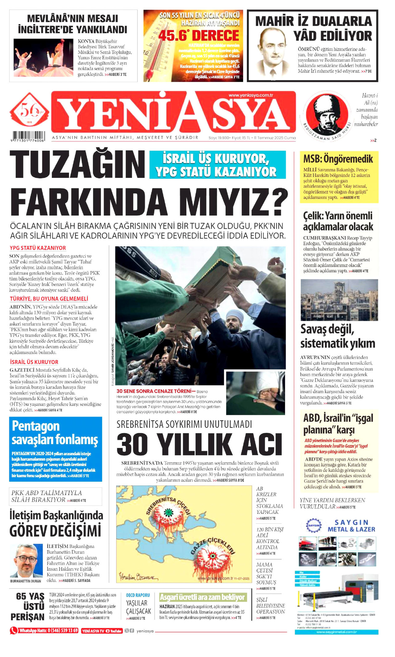 YENİ ASYA gazetesinin 11 Temmuz 2025 tarihli birinci sayfası