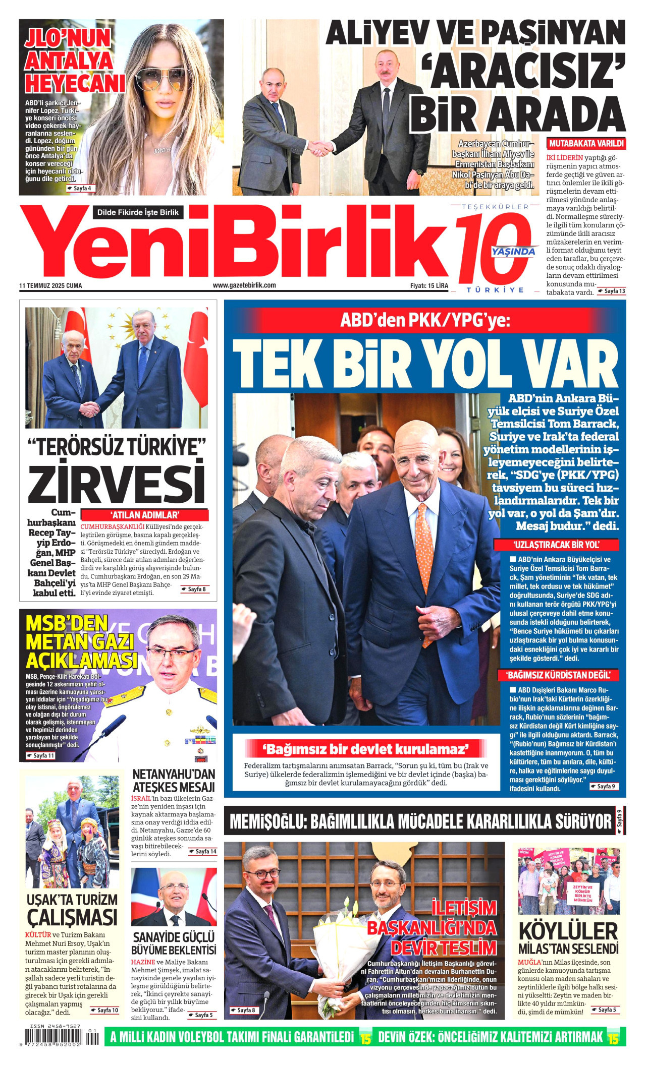 YENİBİRLİK gazetesinin 11 Temmuz 2025 tarihli birinci sayfası