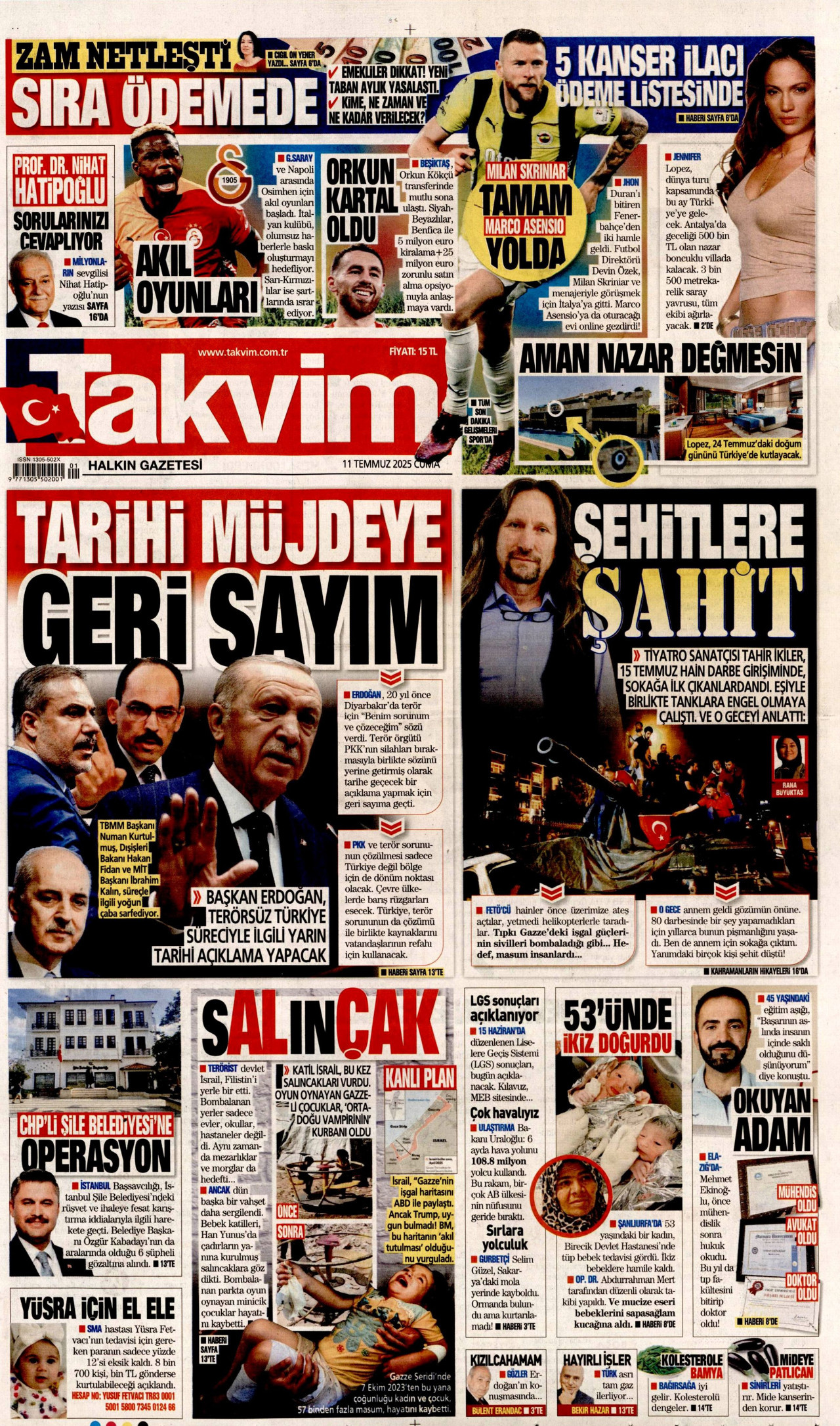 TAKVİM gazetesinin 11 Temmuz 2025 tarihli birinci sayfası