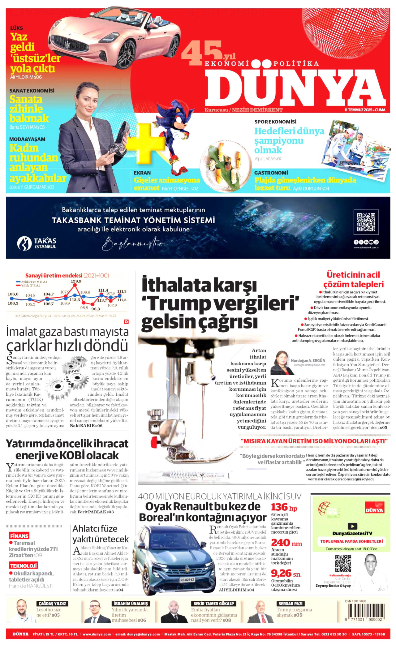DÜNYA gazetesinin 11 Temmuz 2025 tarihli birinci sayfası