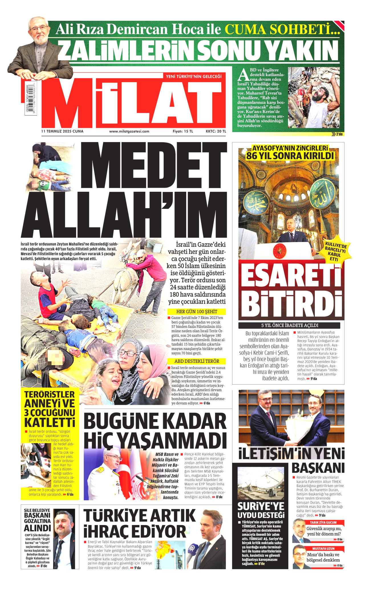 MİLAT gazetesinin 11 Temmuz 2025 tarihli birinci sayfası