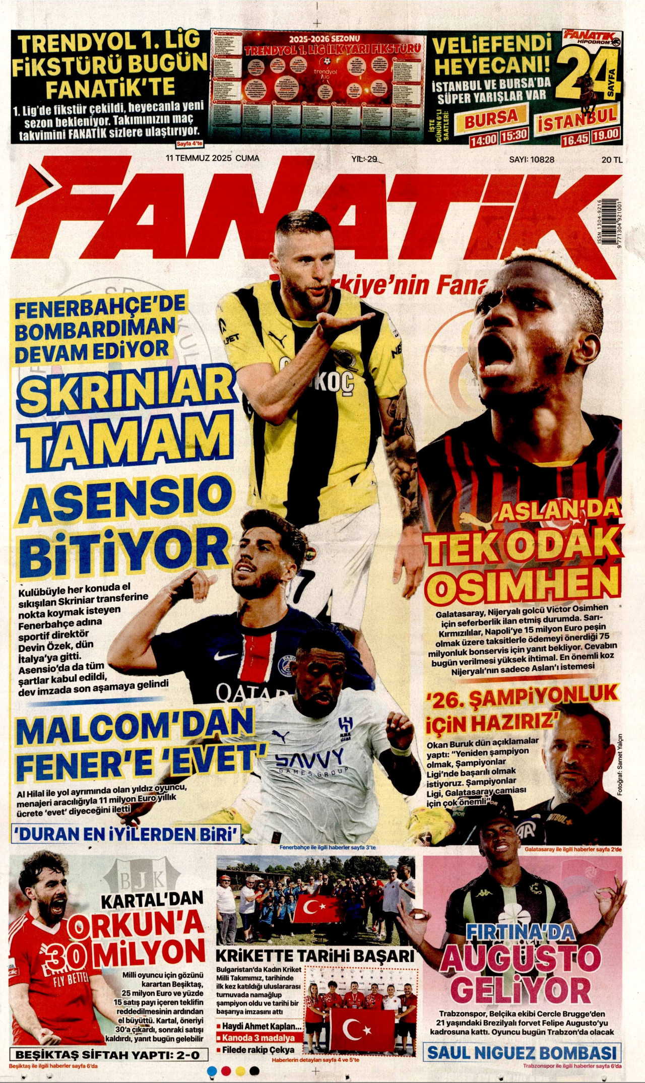 FANATİK gazetesinin 11 Temmuz 2025 tarihli birinci sayfası