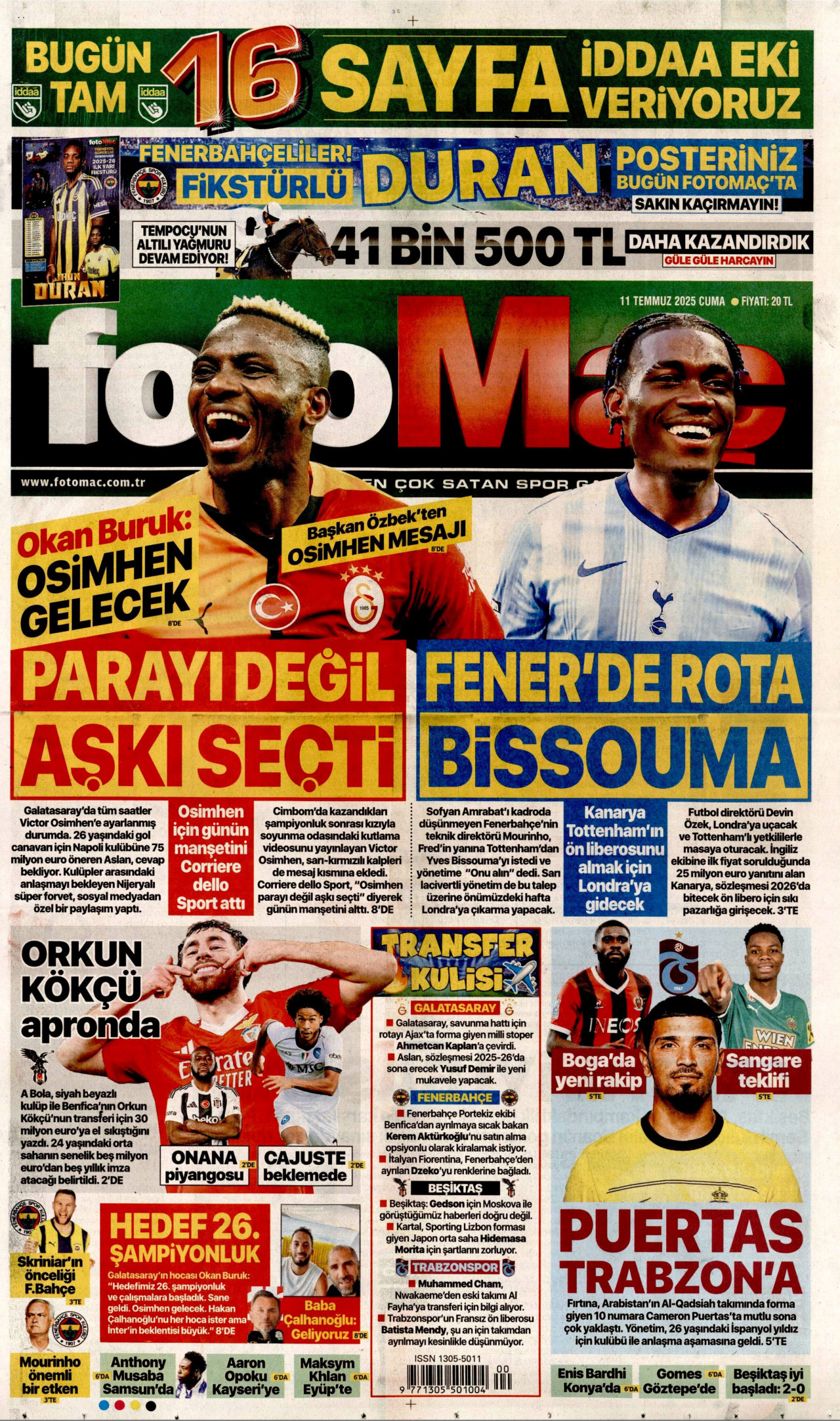 FOTOMAÇ gazetesinin 11 Temmuz 2025 tarihli birinci sayfası