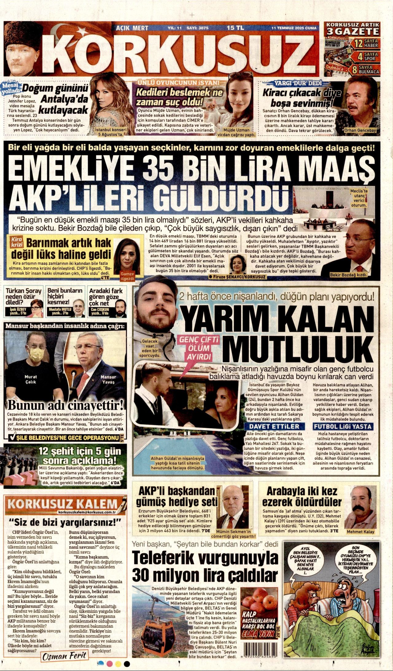 KORKUSUZ gazetesinin 11 Temmuz 2025 tarihli birinci sayfası