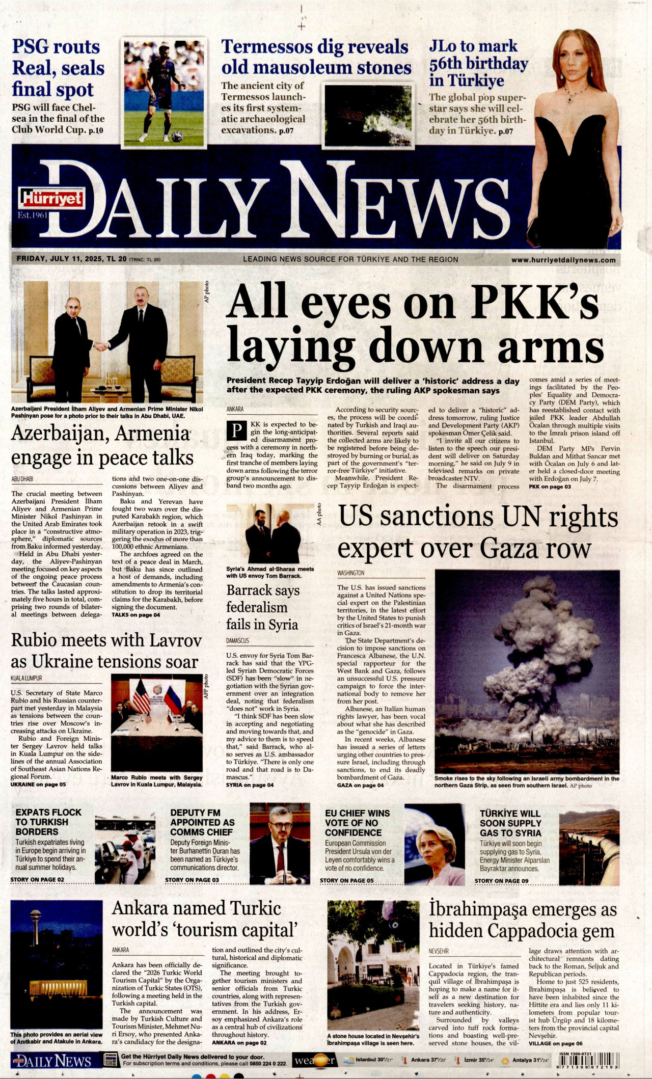 HÜRRİYET DAİLY NEWS gazetesinin 11 Temmuz 2025 tarihli birinci sayfası