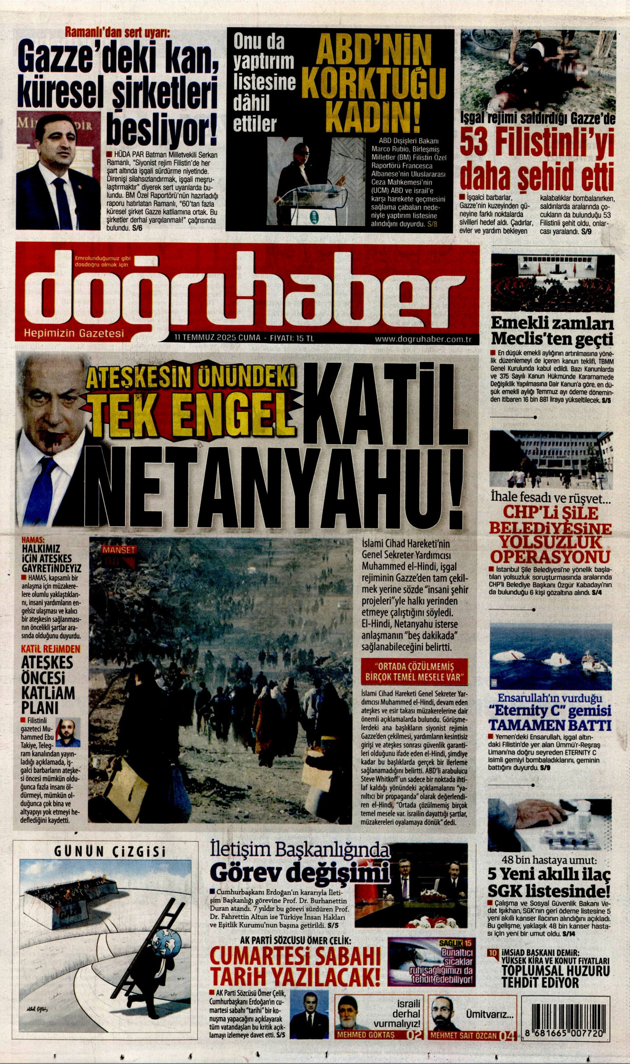 DOĞRU HABER gazetesinin 11 Temmuz 2025 tarihli birinci sayfası