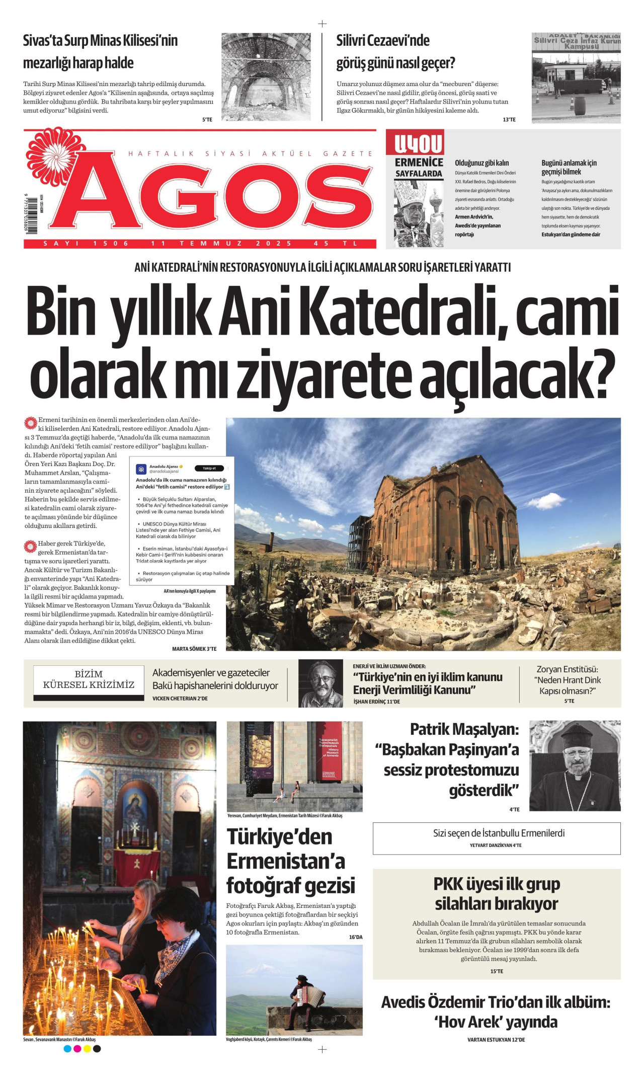AGOS gazetesinin 11 Temmuz 2025 tarihli birinci sayfası