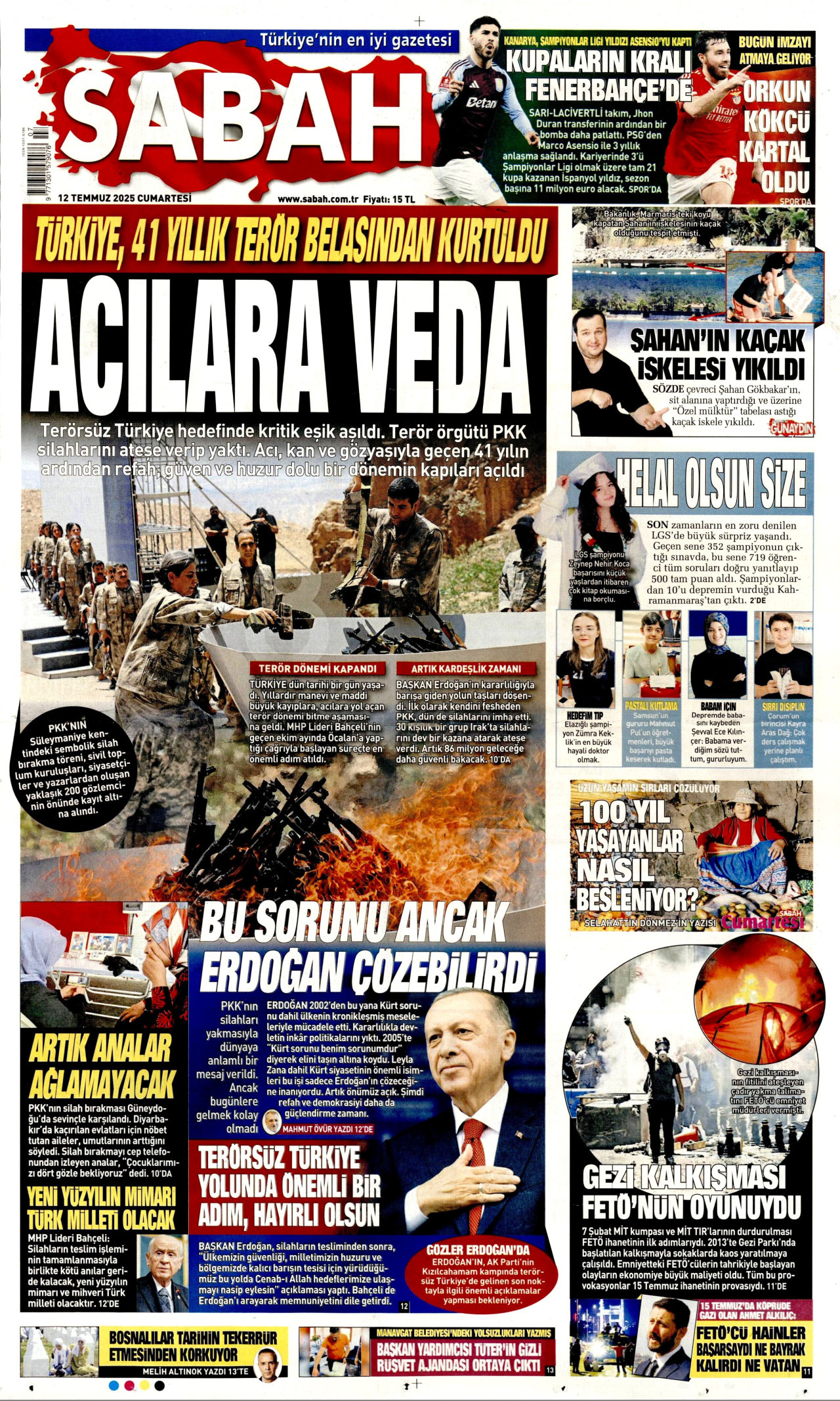 SABAH gazetesinin 12 Temmuz 2025 tarihli birinci sayfası