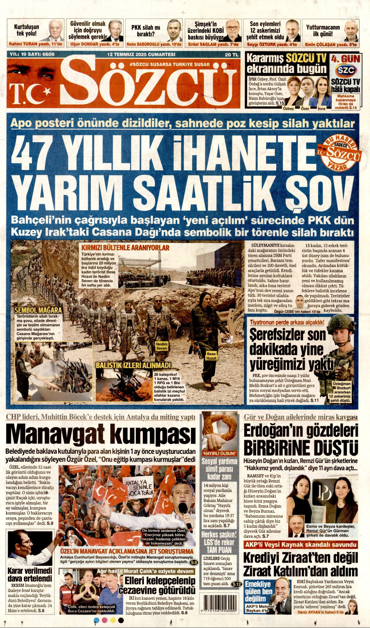 SÖZCÜ gazetesinin 12 Temmuz 2025 tarihli birinci sayfası