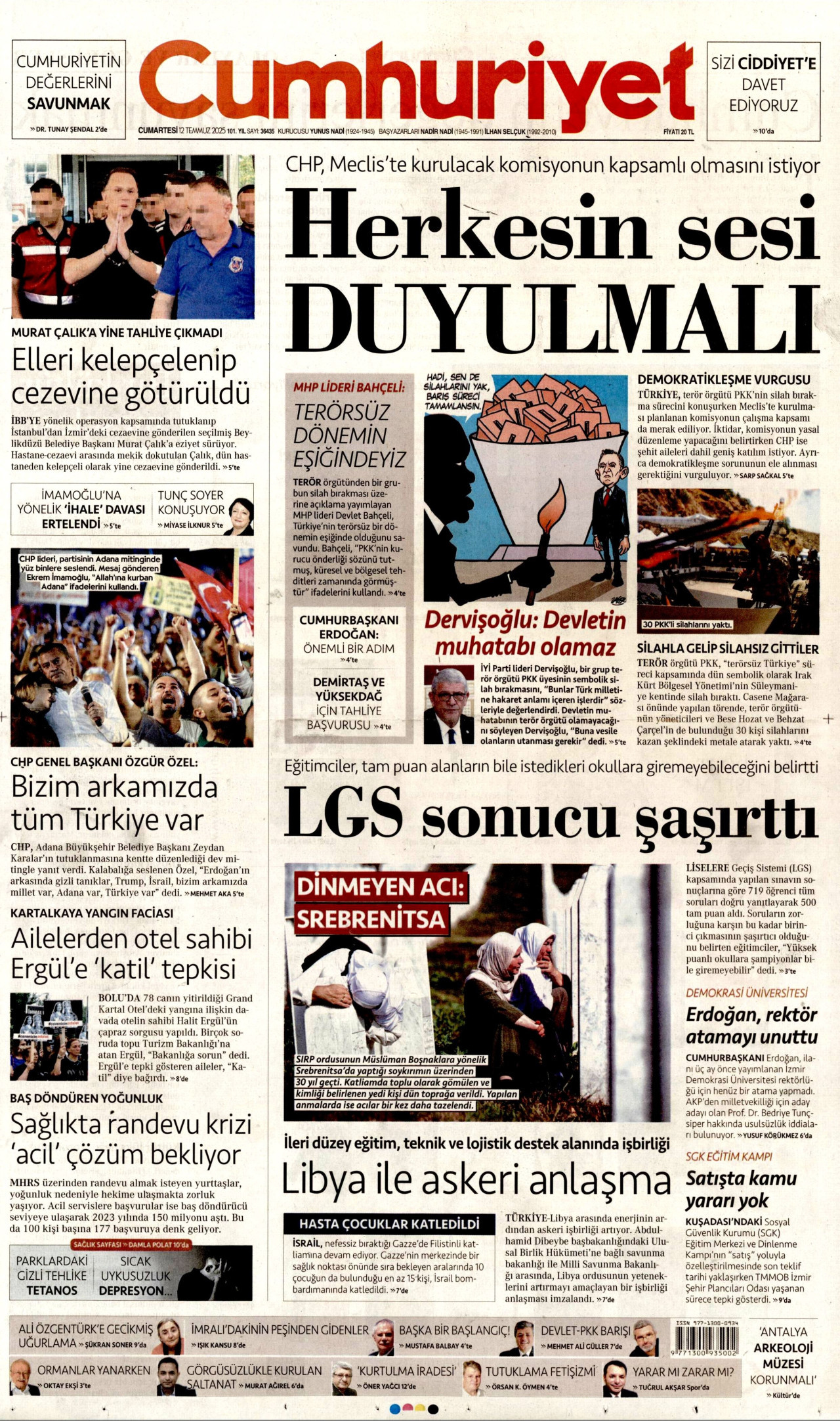 CUMHURİYET gazetesinin 12 Temmuz 2025 tarihli birinci sayfası