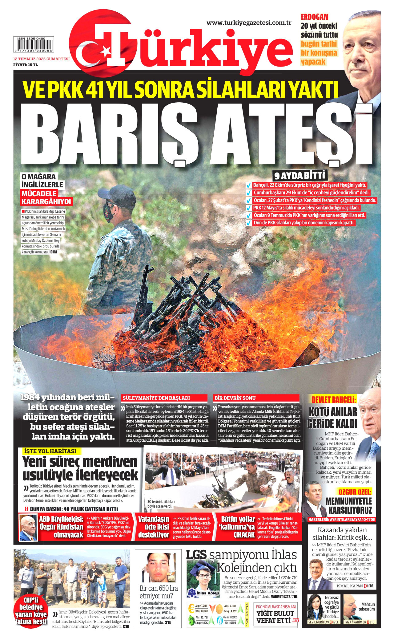 TÜRKİYE GAZETESİ gazetesinin 12 Temmuz 2025 tarihli birinci sayfası