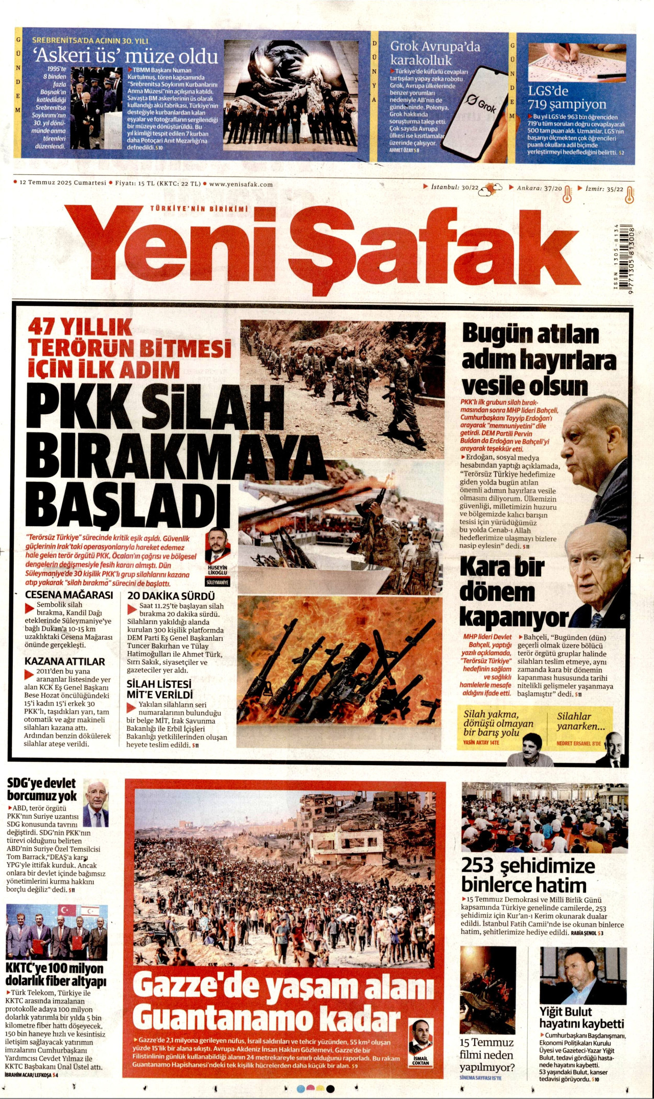 YENİ ŞAFAK gazetesinin 12 Temmuz 2025 tarihli birinci sayfası