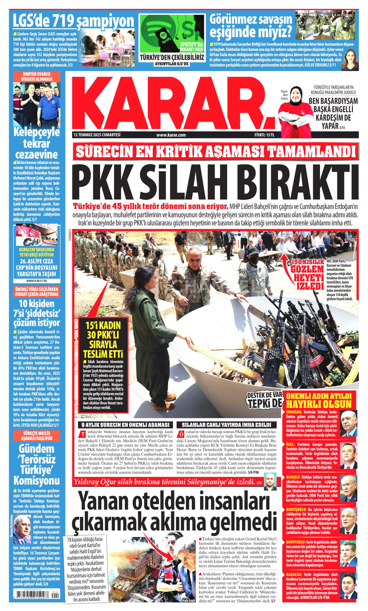 KARAR gazetesinin 12 Temmuz 2025 tarihli birinci sayfası