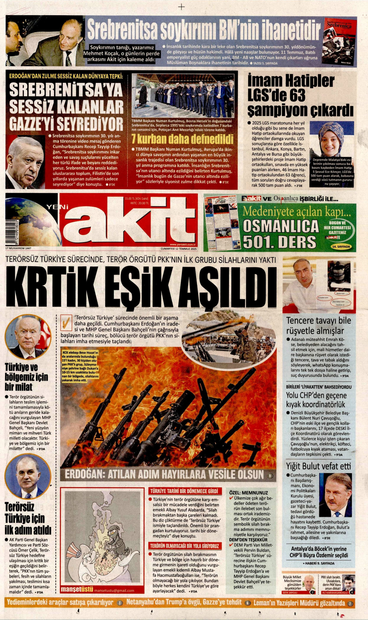 YENİ AKİT gazetesinin 12 Temmuz 2025 tarihli birinci sayfası