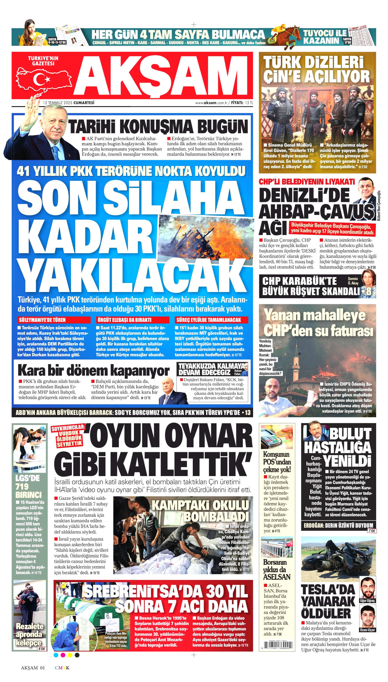 AKŞAM gazetesinin 12 Temmuz 2025 tarihli birinci sayfası