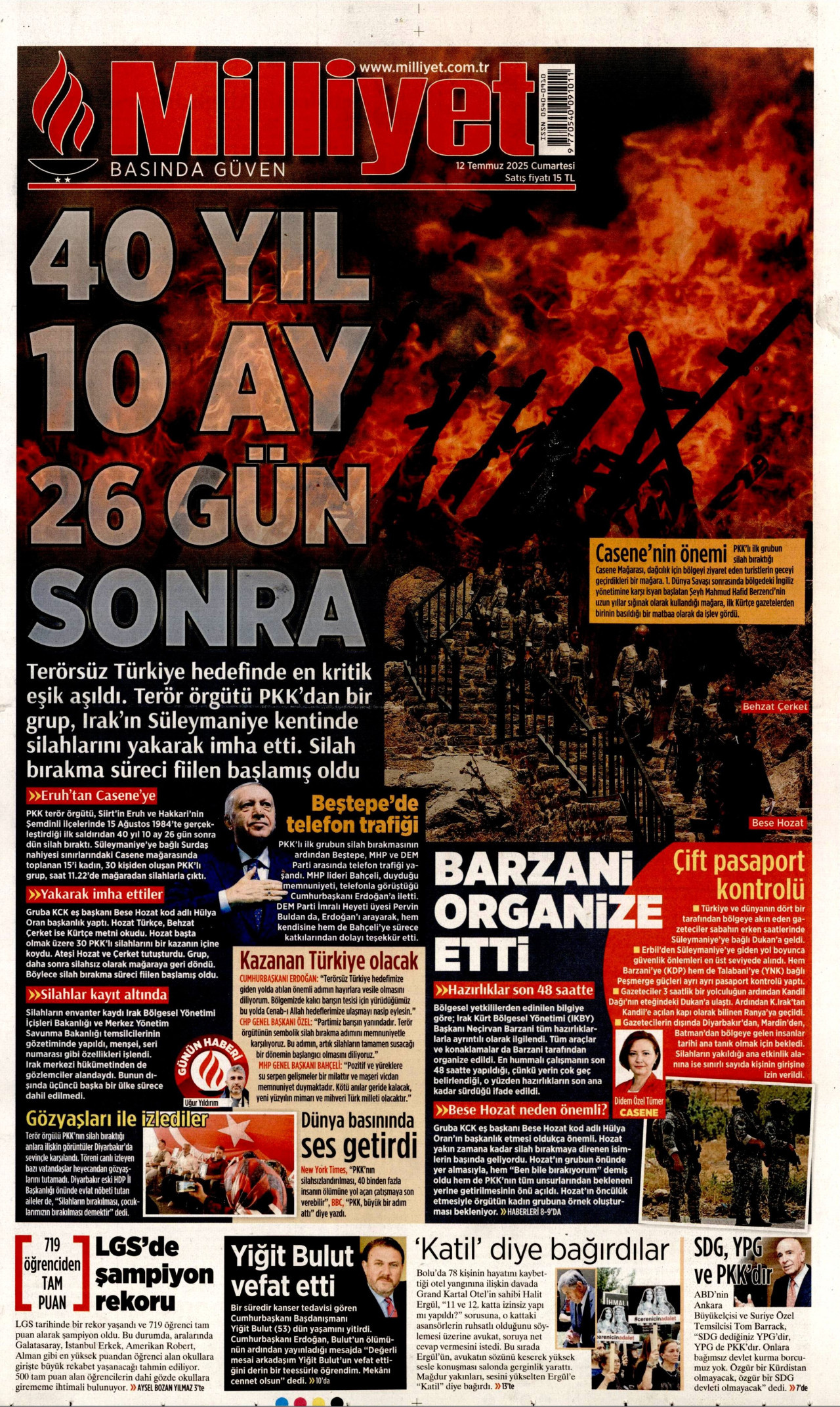 MİLLİYET gazetesinin 12 Temmuz 2025 tarihli birinci sayfası