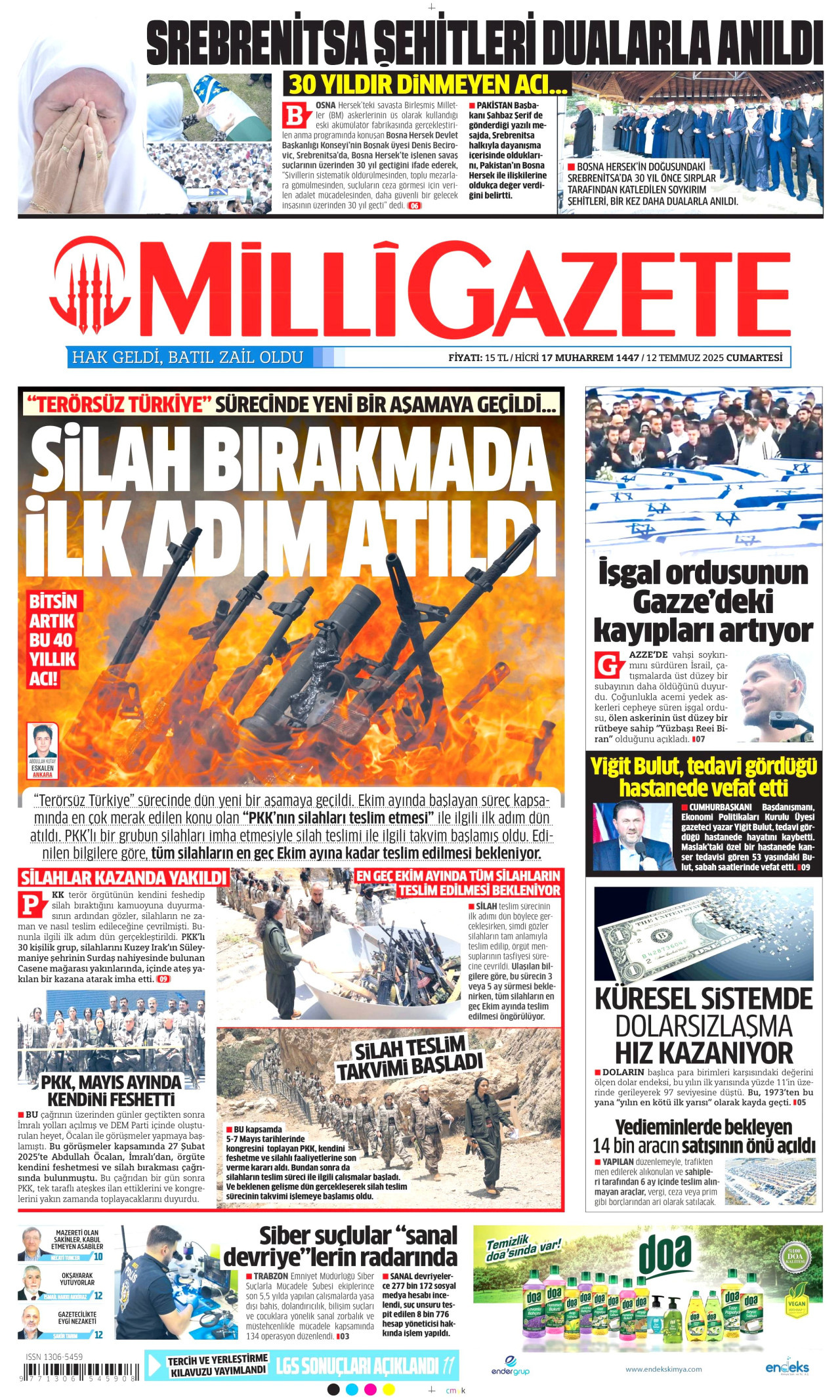 MİLLİ GAZETE gazetesinin 12 Temmuz 2025 tarihli birinci sayfası