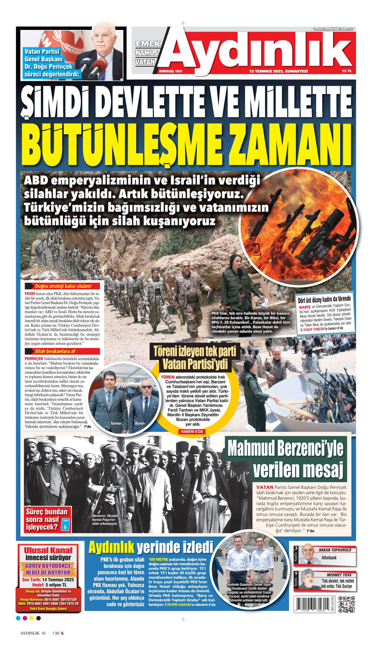 AYDINLIK GAZETESİ gazetesinin 12 Temmuz 2025 tarihli birinci sayfası