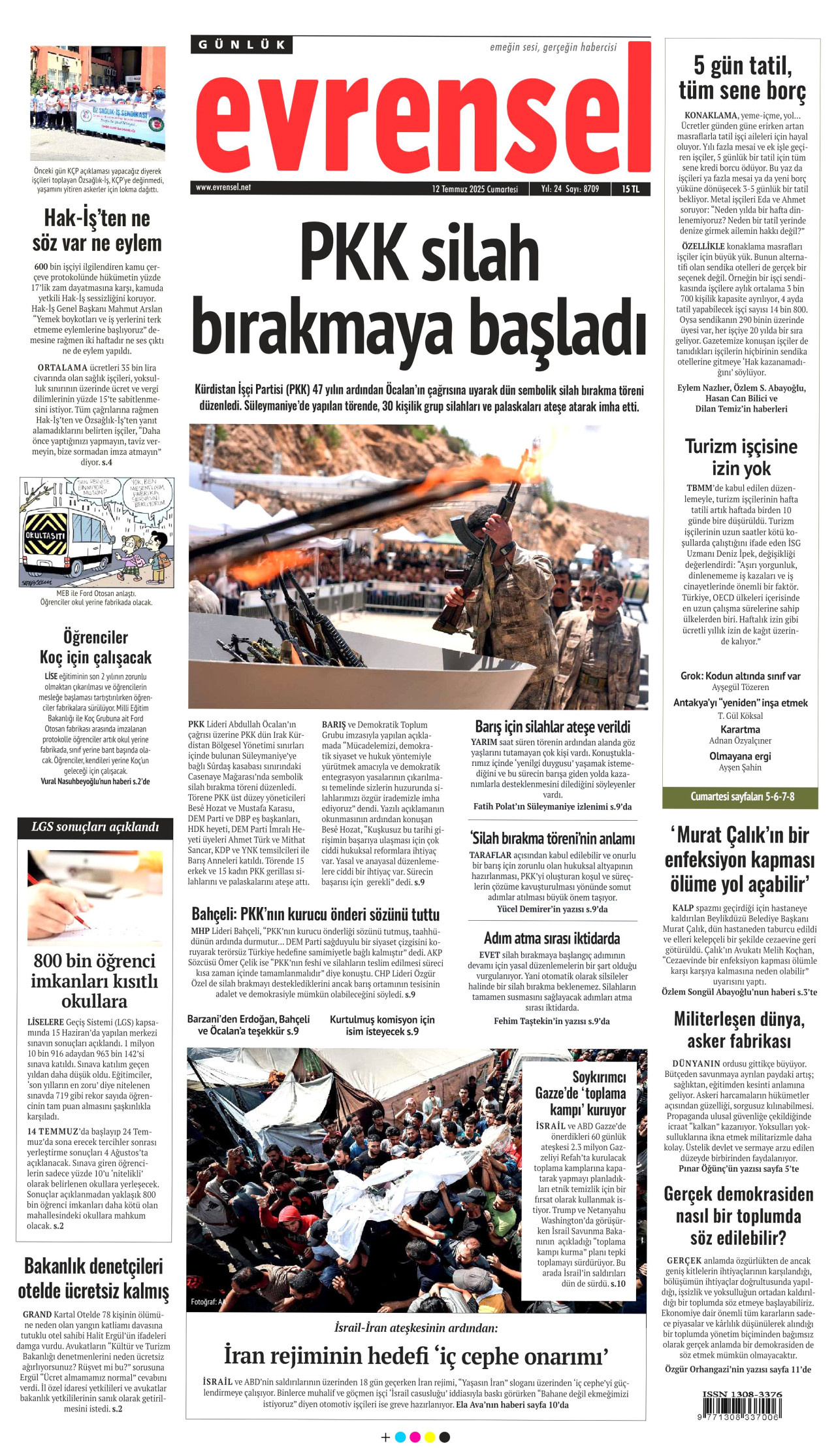 EVRENSEL gazetesinin 12 Temmuz 2025 tarihli birinci sayfası