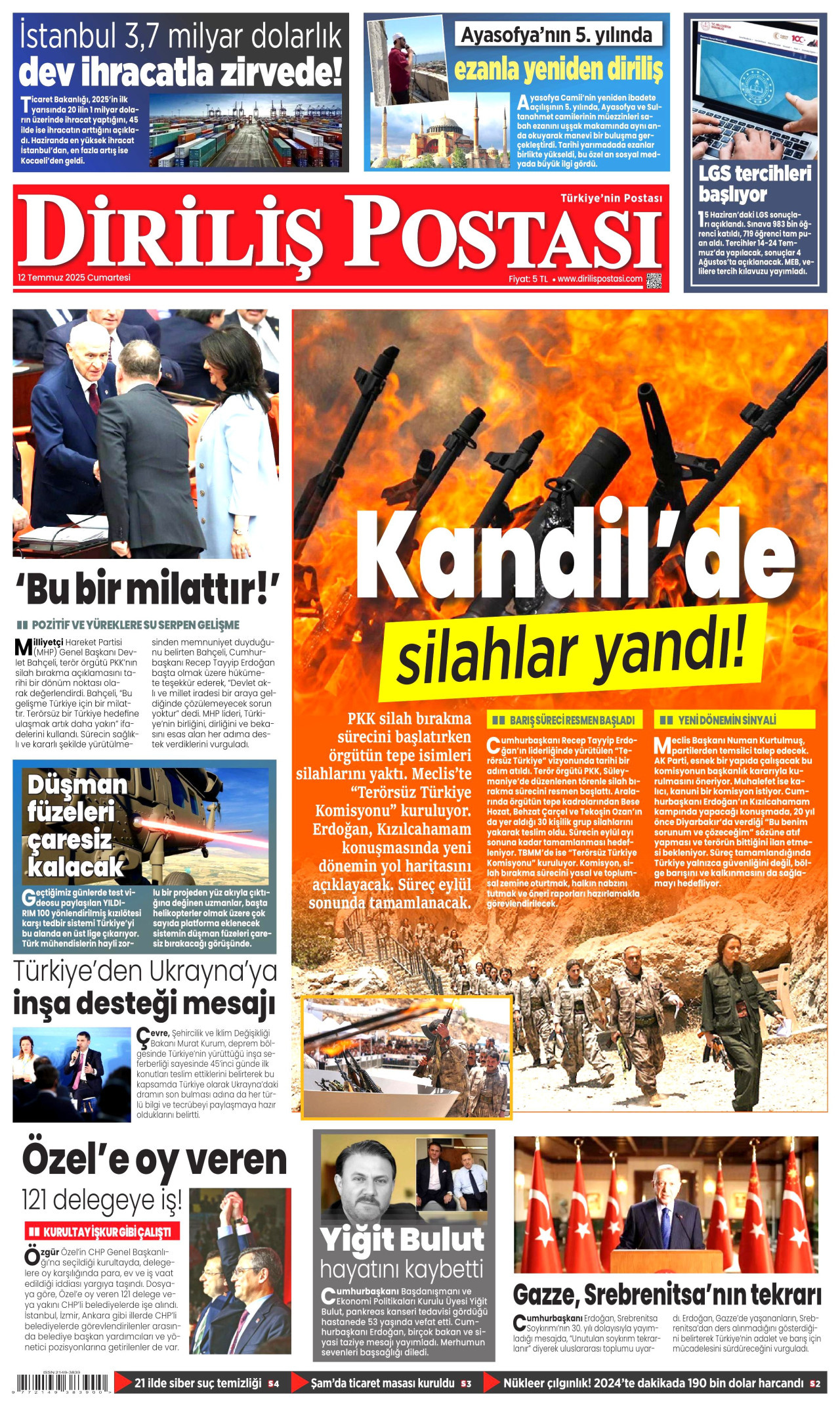 DİRİLİŞ POSTASI gazetesinin 12 Temmuz 2025 tarihli birinci sayfası
