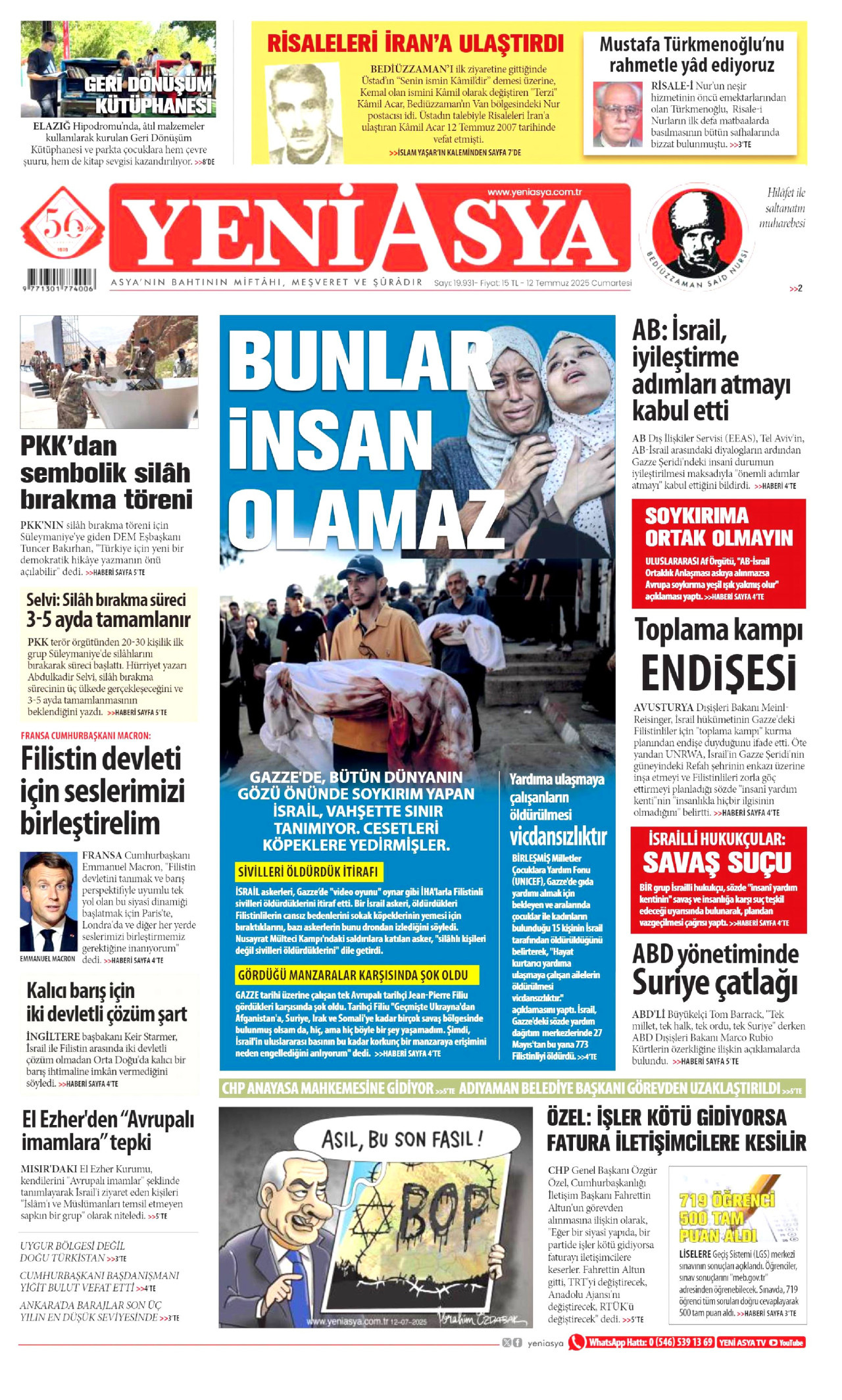 YENİ ASYA gazetesinin 12 Temmuz 2025 tarihli birinci sayfası