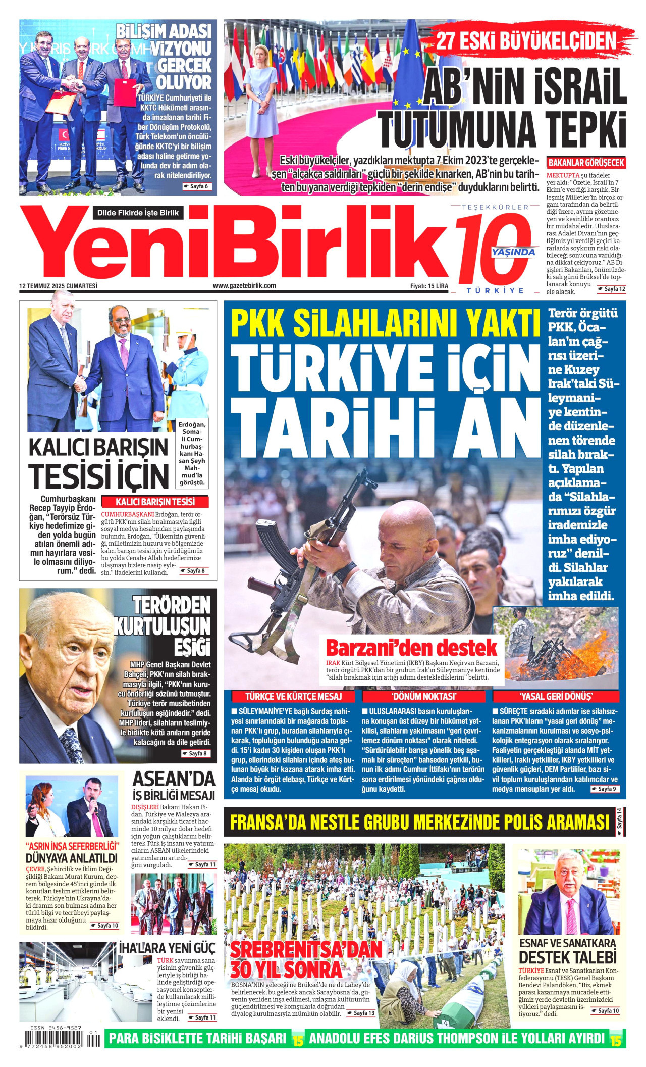 YENİBİRLİK gazetesinin 12 Temmuz 2025 tarihli birinci sayfası