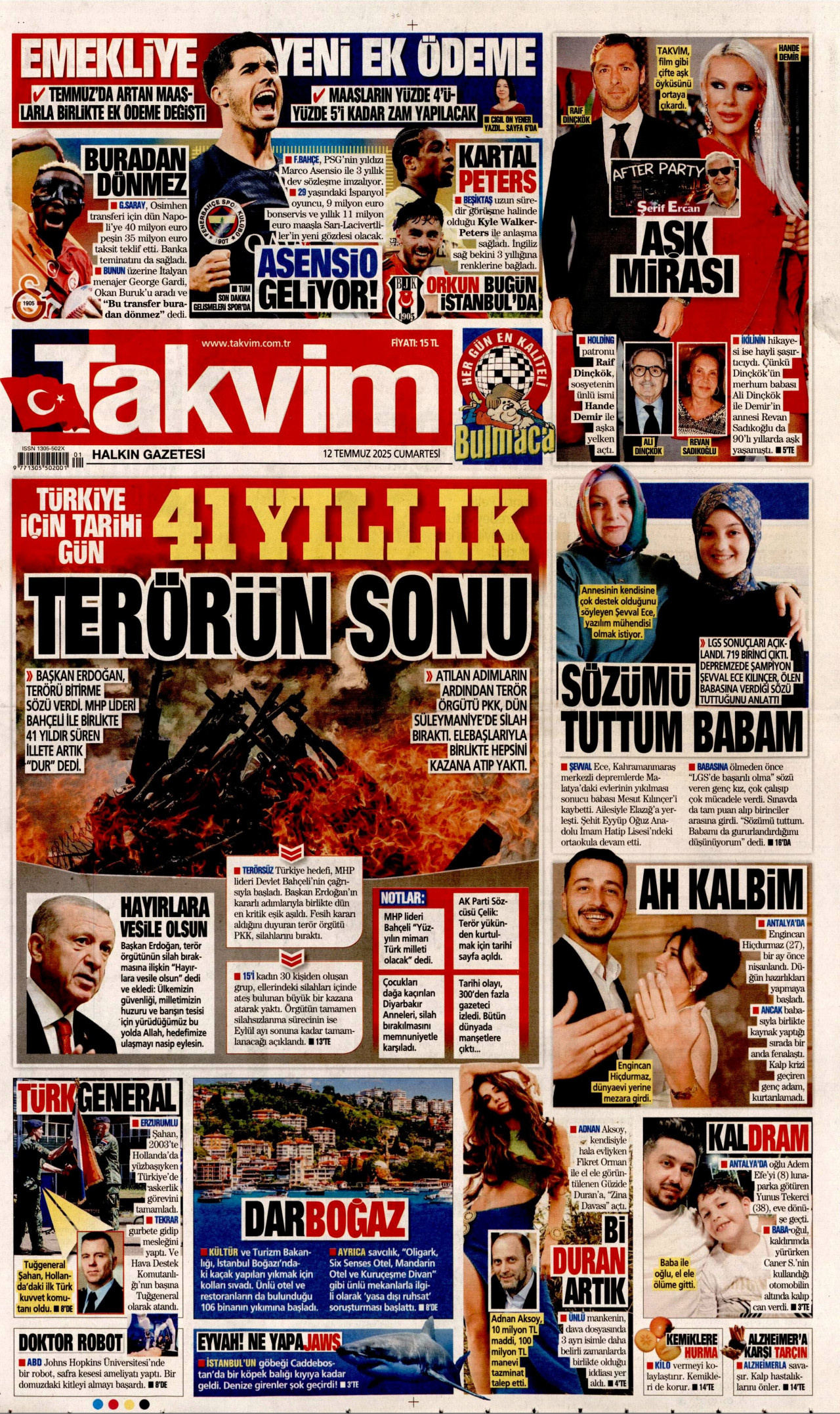 TAKVİM gazetesinin 12 Temmuz 2025 tarihli birinci sayfası