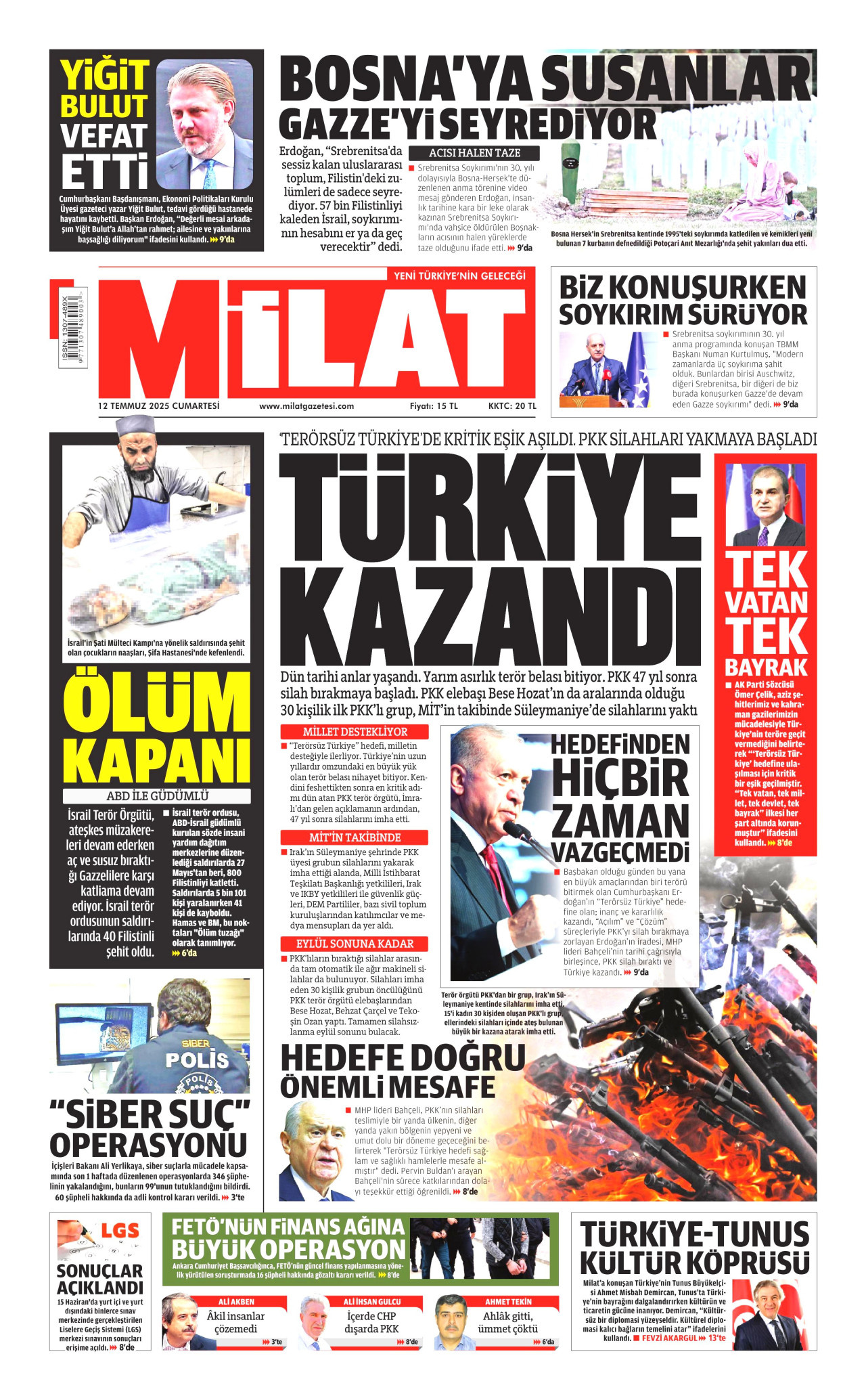 MİLAT gazetesinin 12 Temmuz 2025 tarihli birinci sayfası