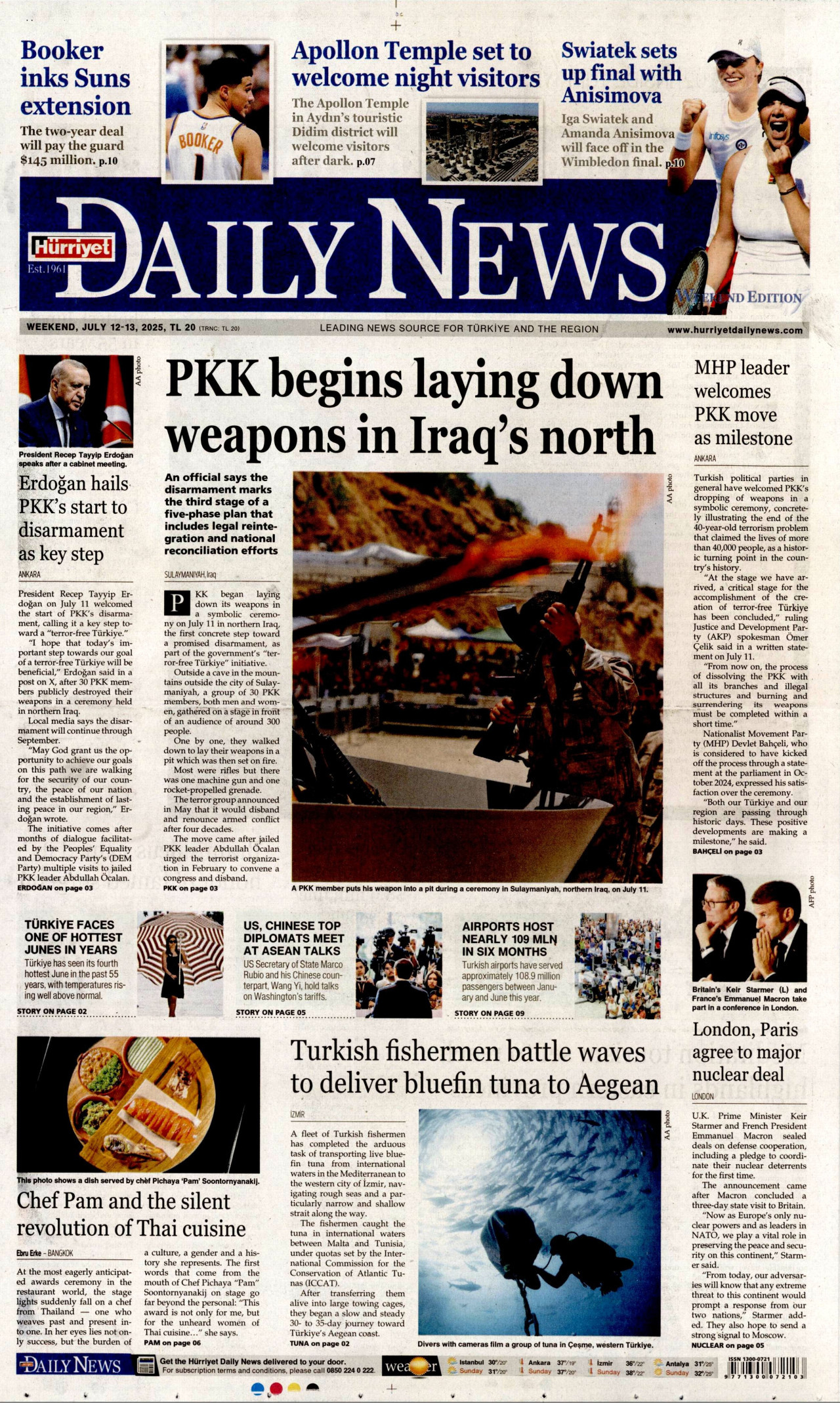 HÜRRİYET DAİLY NEWS gazetesinin 12 Temmuz 2025 tarihli birinci sayfası