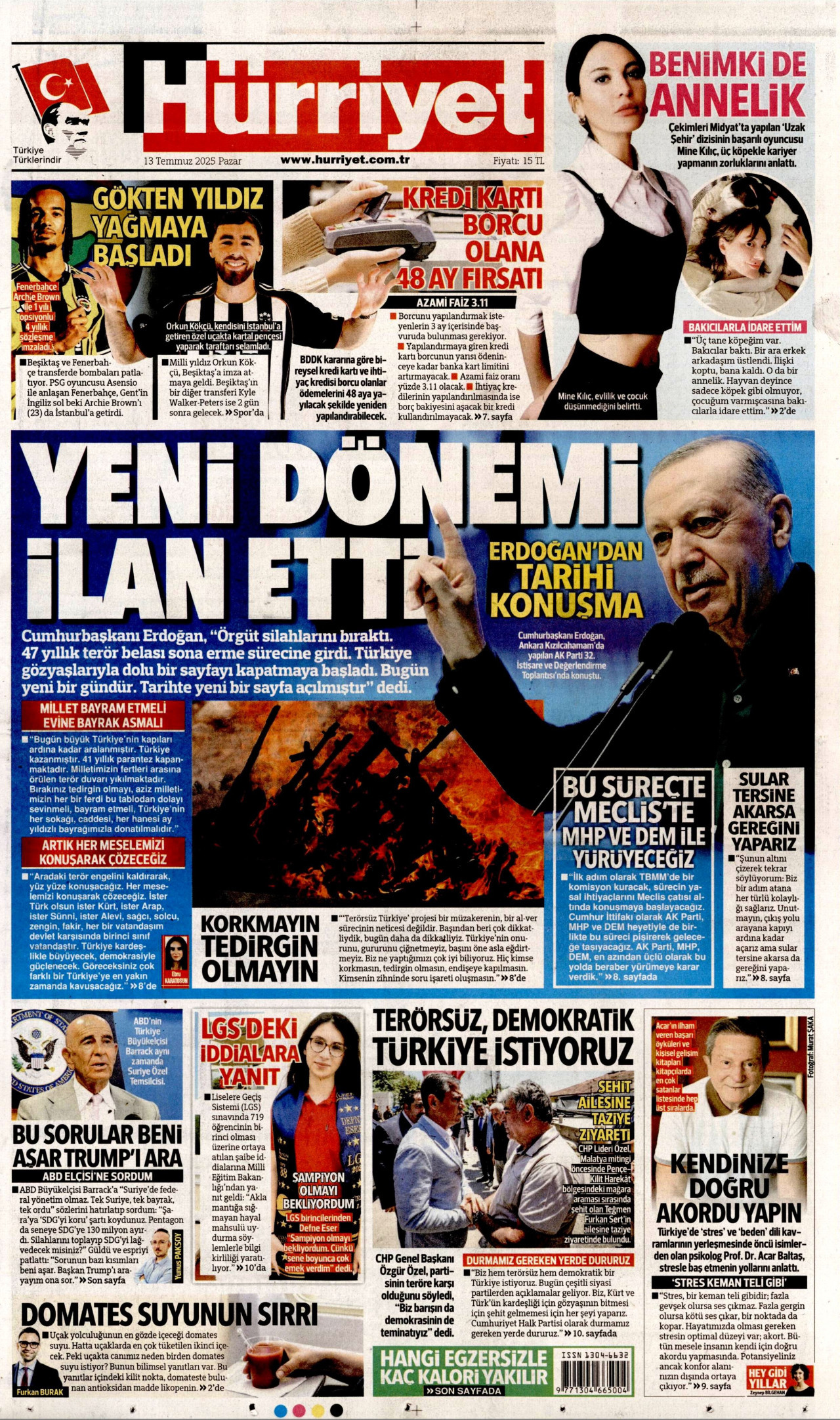 HÜRRİYET gazetesinin 13 Temmuz 2025 tarihli birinci sayfası