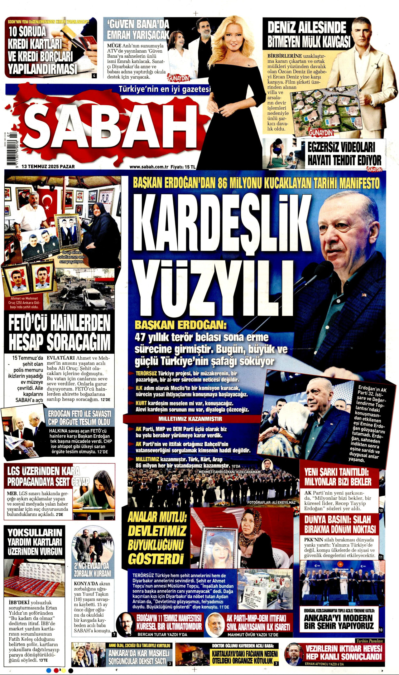 SABAH gazetesinin 13 Temmuz 2025 tarihli birinci sayfası