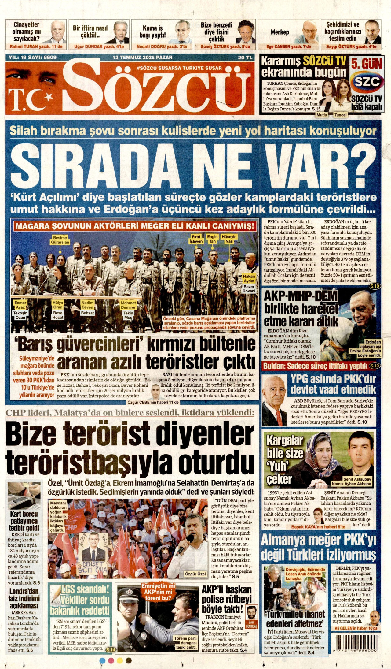 SÖZCÜ gazetesinin 13 Temmuz 2025 tarihli birinci sayfası