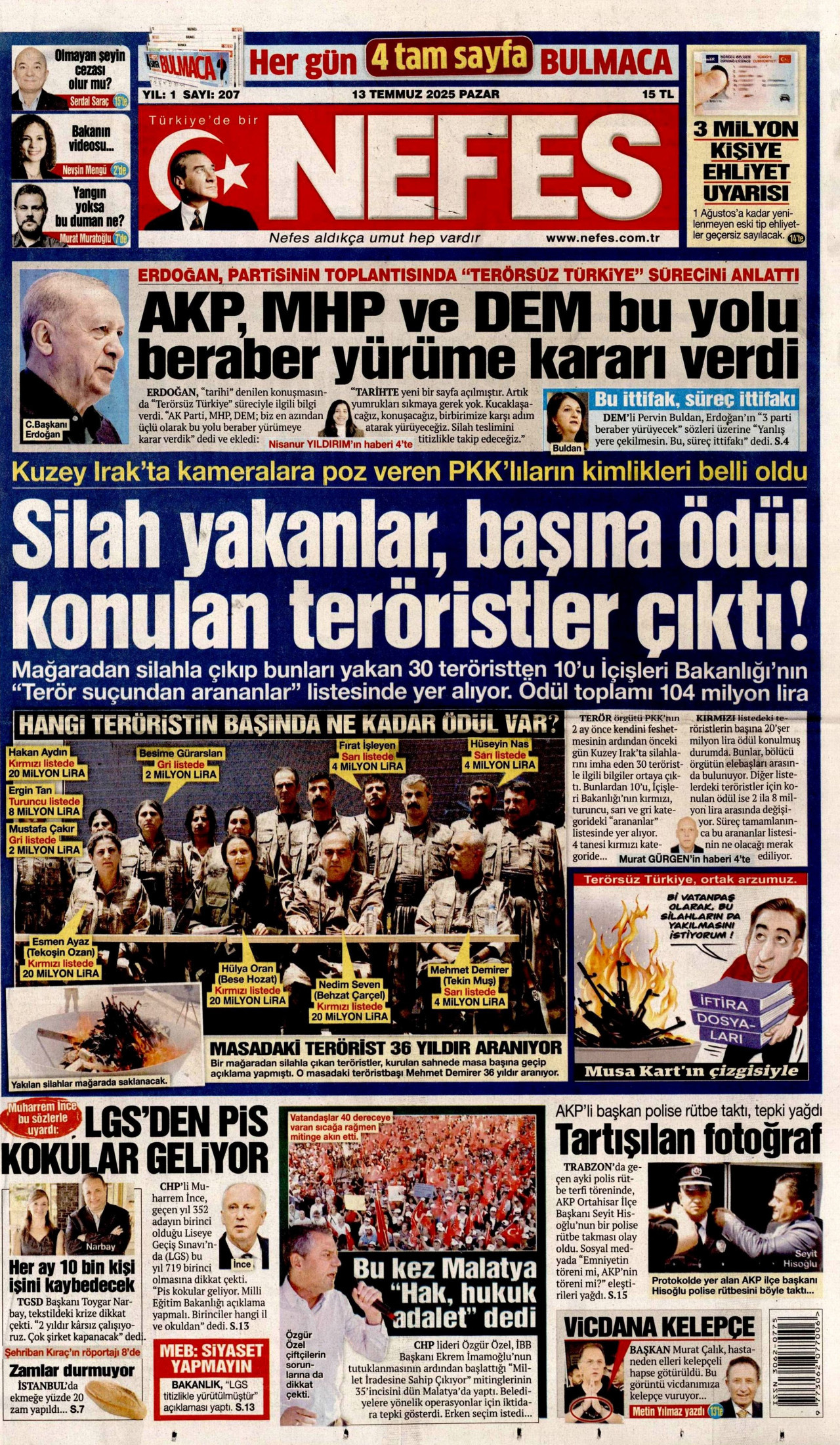 NEFES gazetesinin 13 Temmuz 2025 tarihli birinci sayfası