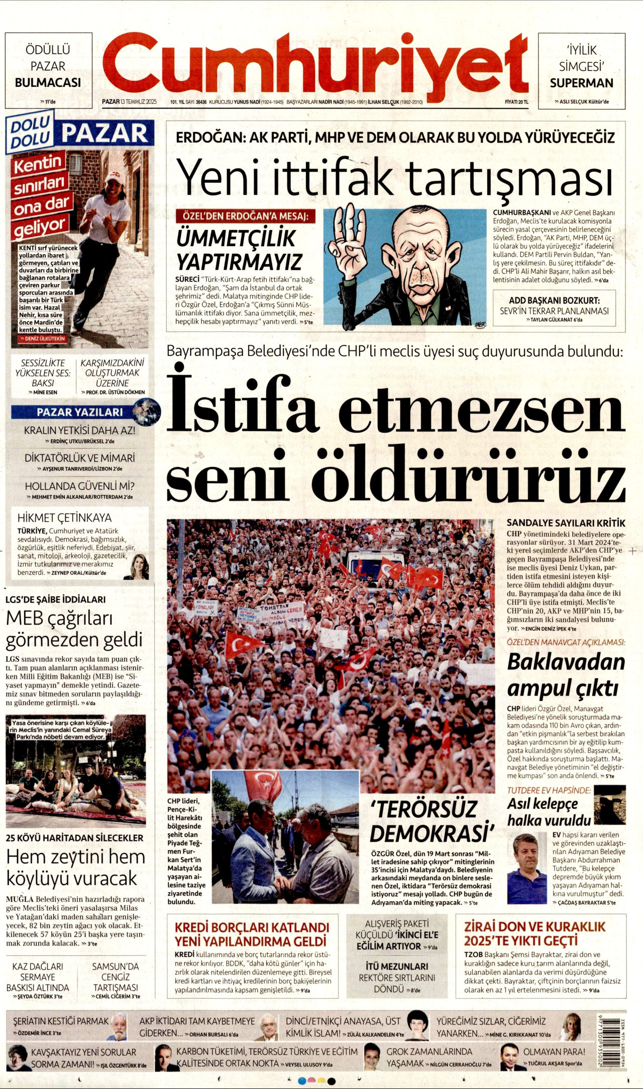 CUMHURİYET gazetesinin 13 Temmuz 2025 tarihli birinci sayfası