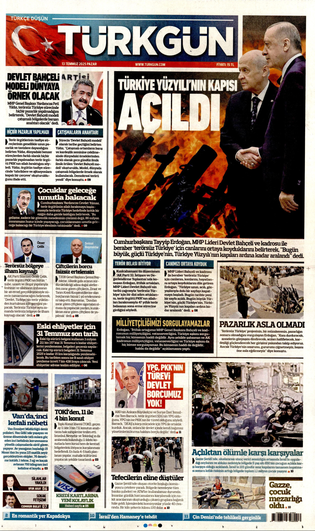 TÜRKGÜN gazetesinin 13 Temmuz 2025 tarihli birinci sayfası